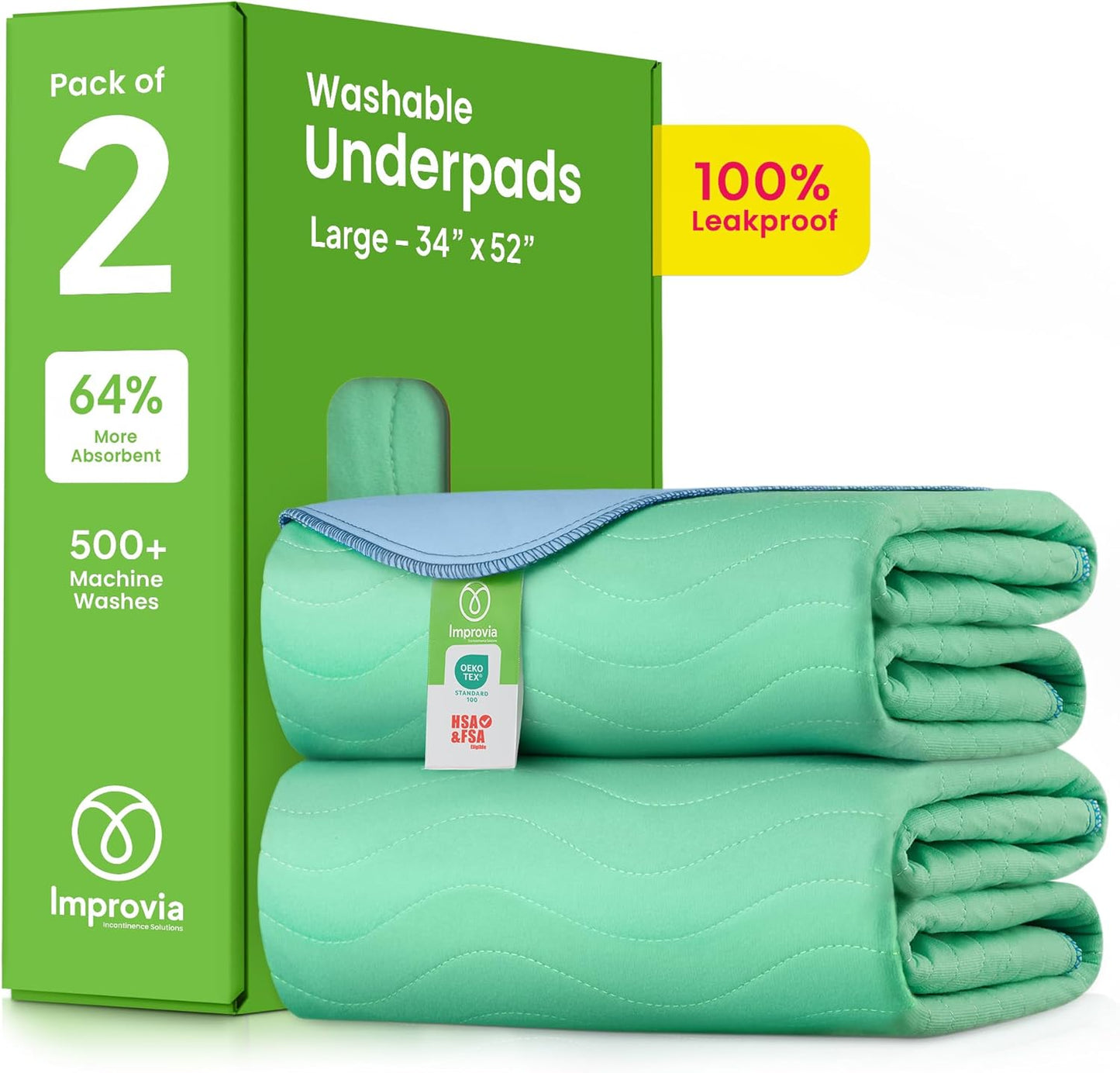 IMPROVIA® Washable Underpads, 34" x 52" (Pack of 2) - Heavy Absorbency Reusable Incontinence Pads for Kids, Adults, Elderly, and Pets - Waterproof Protective Pad for Bed, Couch, Sofa, Furniture, Floor