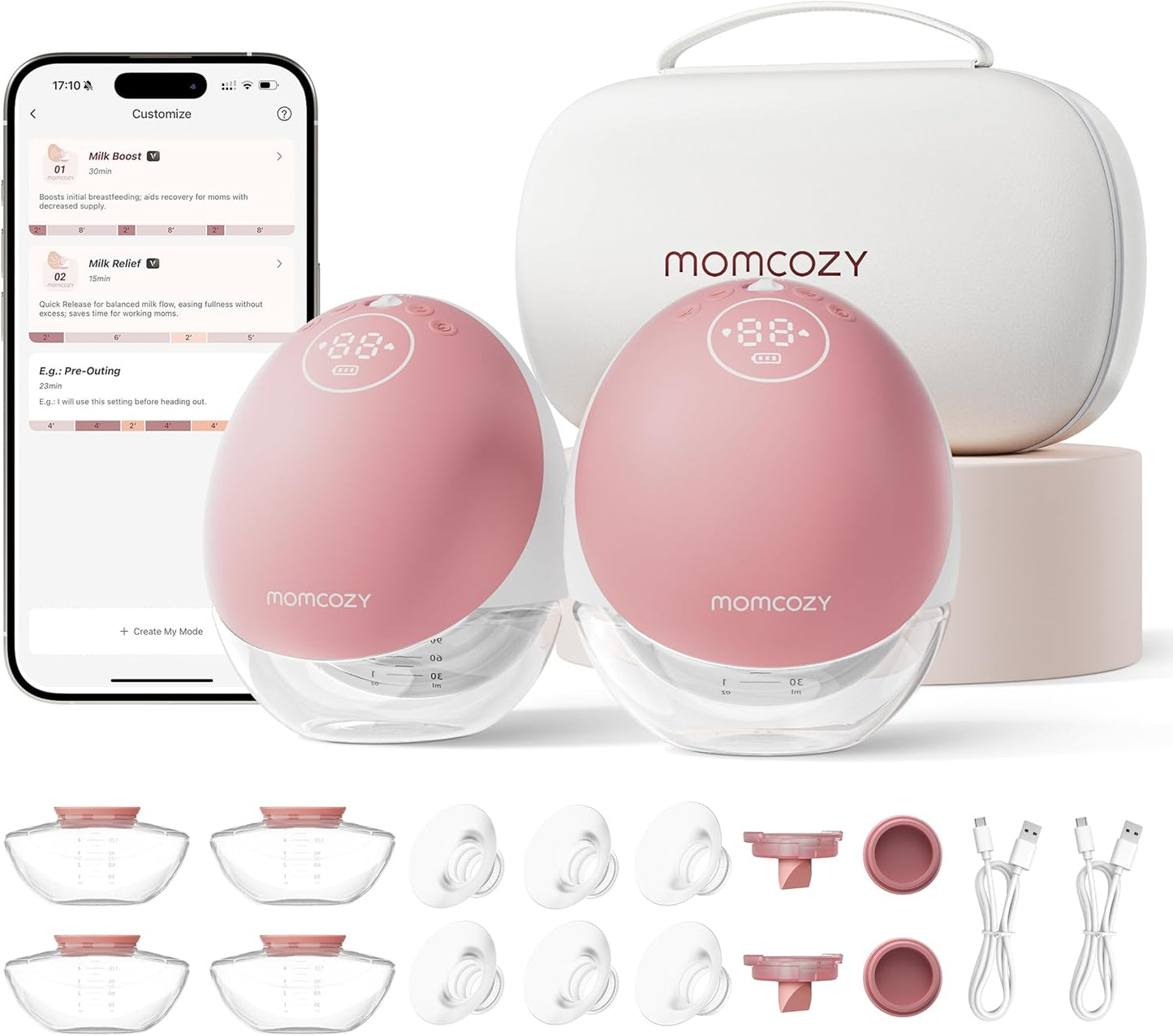 Momcozy Breast Pump Hands Free Upgraded Mobile Flow | M9, App Discreet Control with Personalized Multi-Modes & 15 Levels, Wearable Breast Pump 24mm, 2 Pack Cozy Red