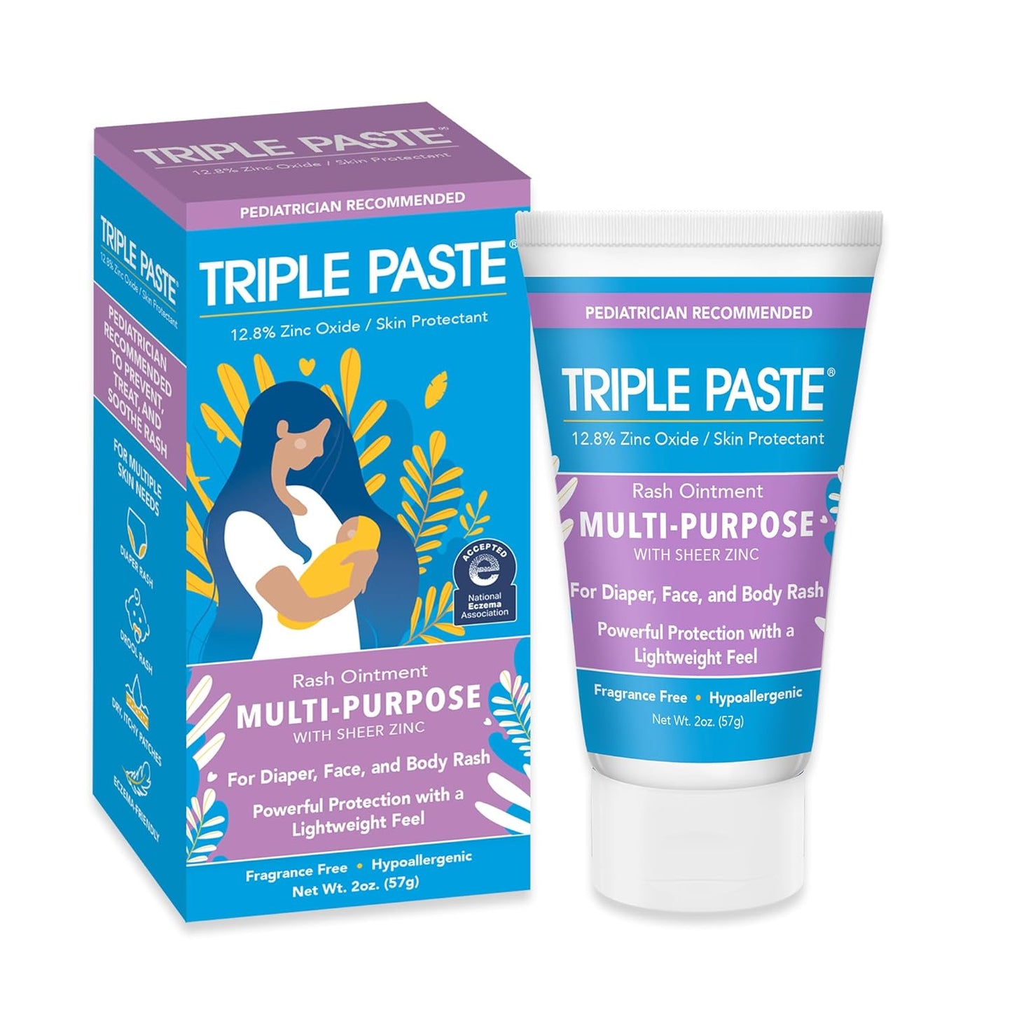 Triple Paste Multi-Purpose Baby Healing Ointment, 2 oz Tube, Diaper Rash Cream and Skin Protectant for Hands, Face and Bottom Treats, Soothes and Prevents with Zinc Oxide (Packaging May Vary)
