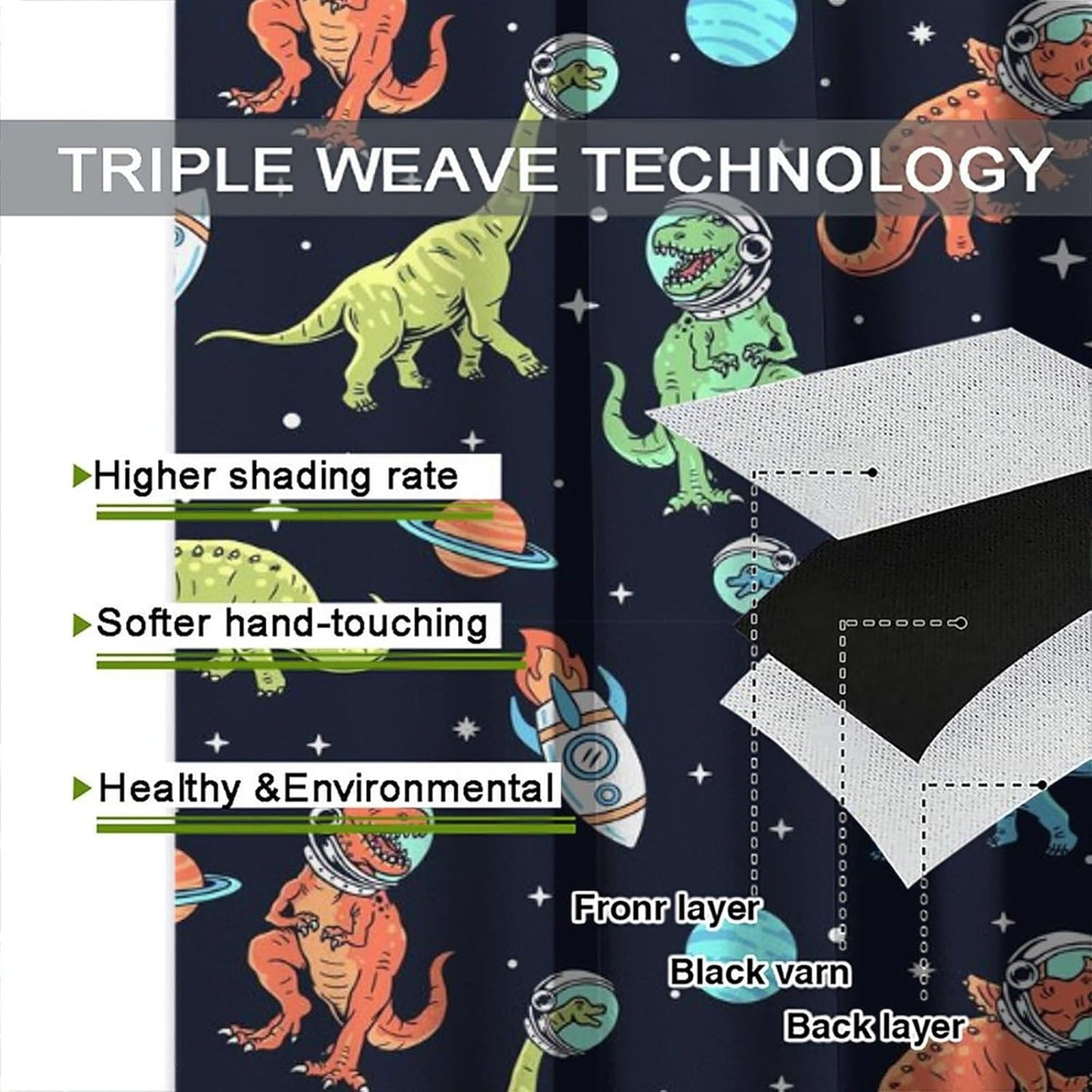 Cartoon Dinosaur Curtains for Kids Boys Girls Home Decor, Astronaut Rocket Funny Outer Space Blackout Rod Pocket Window Drapes for Bedroom Living Room W36xL63in 2 Panels