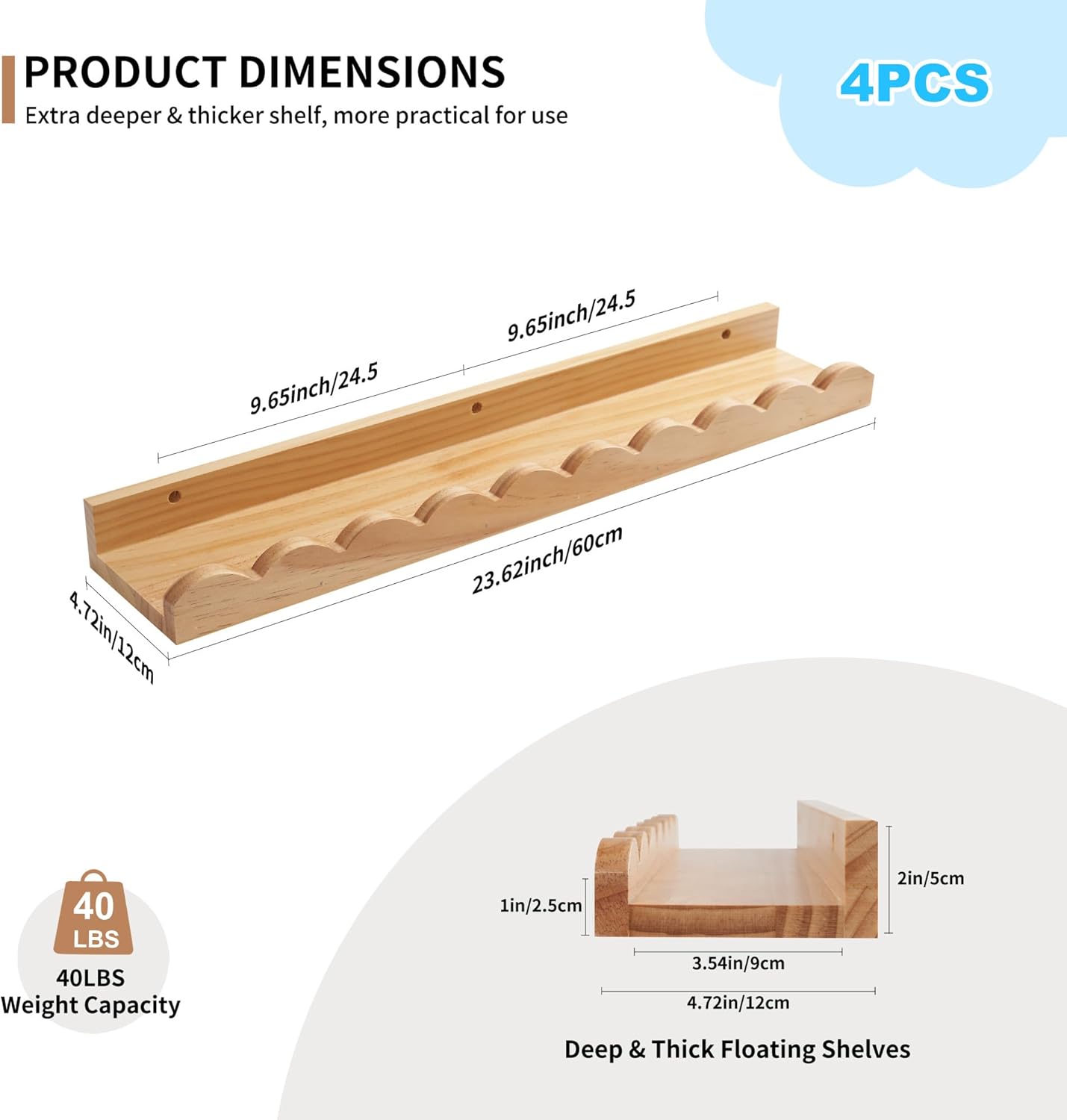 Scalloped Baby Book Shelf,Floating Shelves for Wall Set of 4 Natural Solid Pine Wood Nursery Bookshelves with Wave Lip for Bedroom Kids, Toddler Room, Baby Room, Nursery Decor(Natural,60cm)