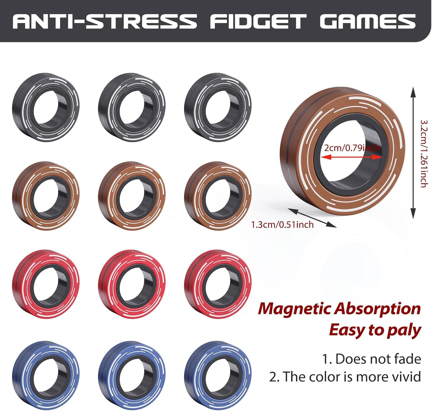 12Pcs Magnetic Rings Fidget Toy for Adult, Idea ADHD Anxiety Magnetic Fidget Toys Set Fidget Spinner Rings for Relief, Gifts for 8 9 10 11 12 13+ Year Old Boy Girl Teen