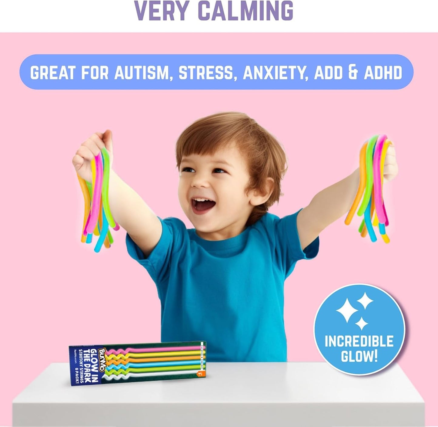 BUNMO Stretchy Strings - Sensory Toys for Toddlers 1-3 - Stimulating & Addictive Sensory Toys for Kids with Autism - Fidget Toy for Anxiety & Stress Relief - Hours of Fun for Kids - Glow 6pk