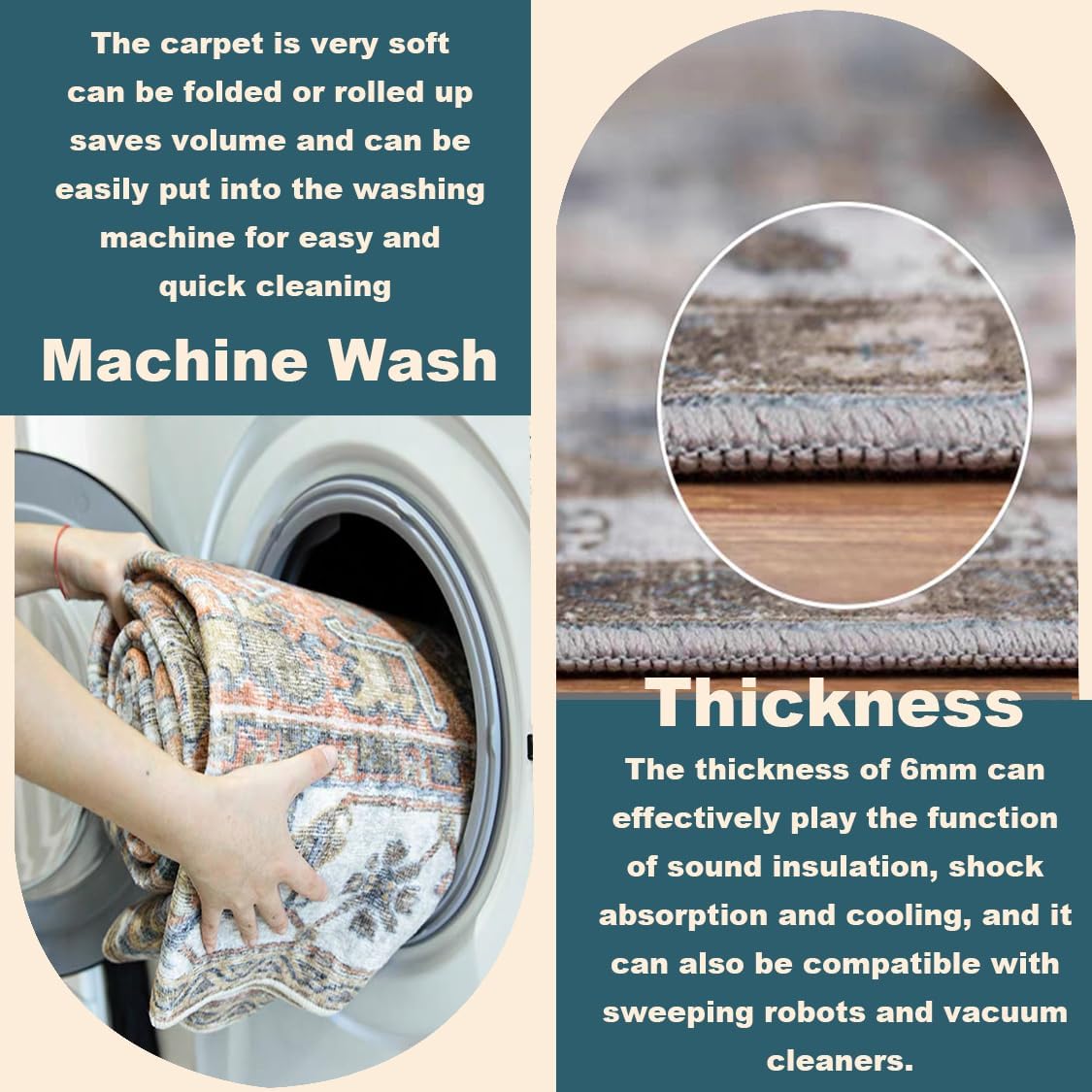 Washable Area Rug 8'x10' Floral Blue Boho Design Non-Shedding Non-Slip Easy Care Ideal for High Traffic Areas in Living Room Bedroom Office Coffee Table Kitchen Large Carpet