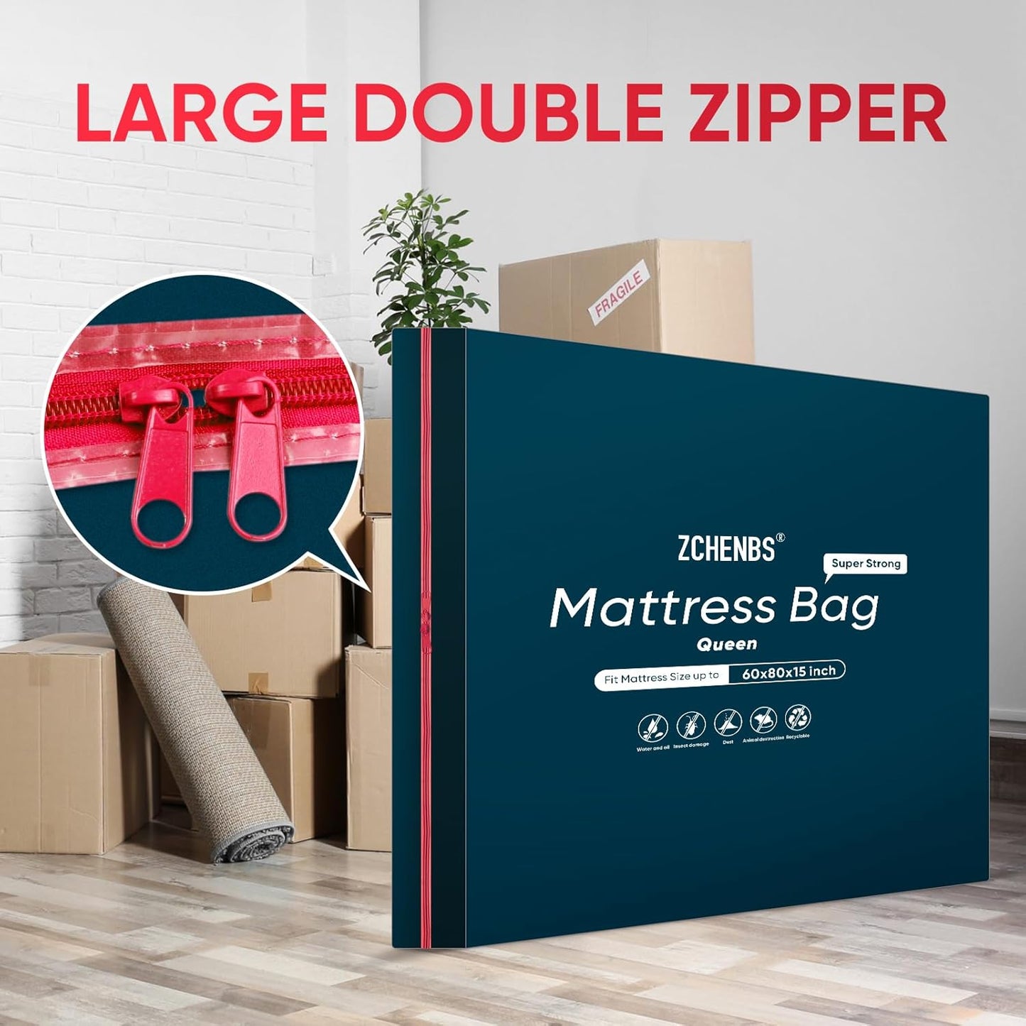 ZCHENBS® – Mattress Bags for Moving and Storage,Mattress Bag with Zippers,5 Mil Ultra-Thick Bed Bag,Waterproof,Anti-Tear,Heavy-Duty Mattress bag (Black, Queen-(1 Pack))