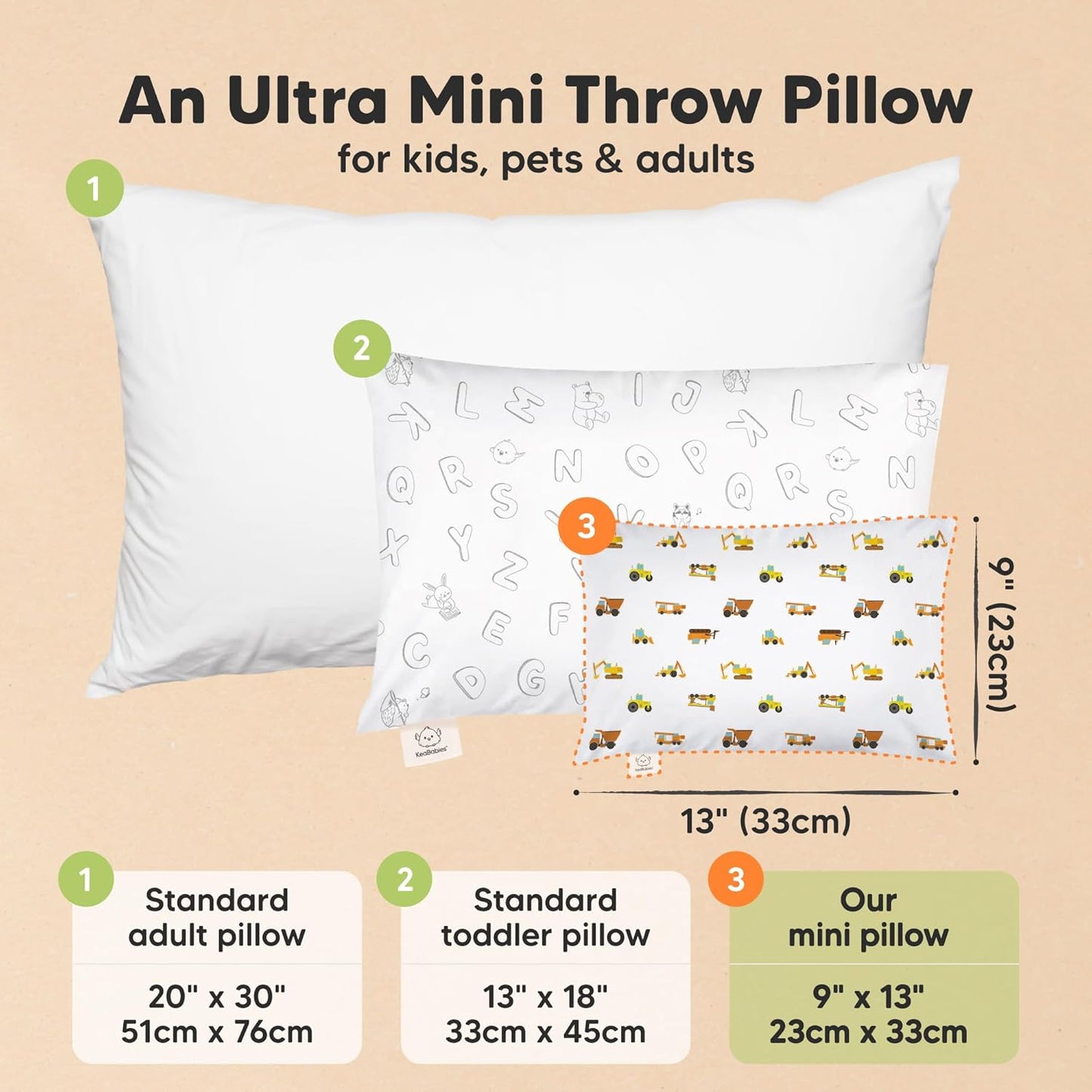 Mini Toddler Pillow with Pillowcase - 9x13 My Little Dreamy Travel Kids Pillow for Sleeping, Toddler Bed, Small, Tiny, Organic Cotton Pillowcase, Soft & Breathable, Kids 2-4 Years Old (Construction)