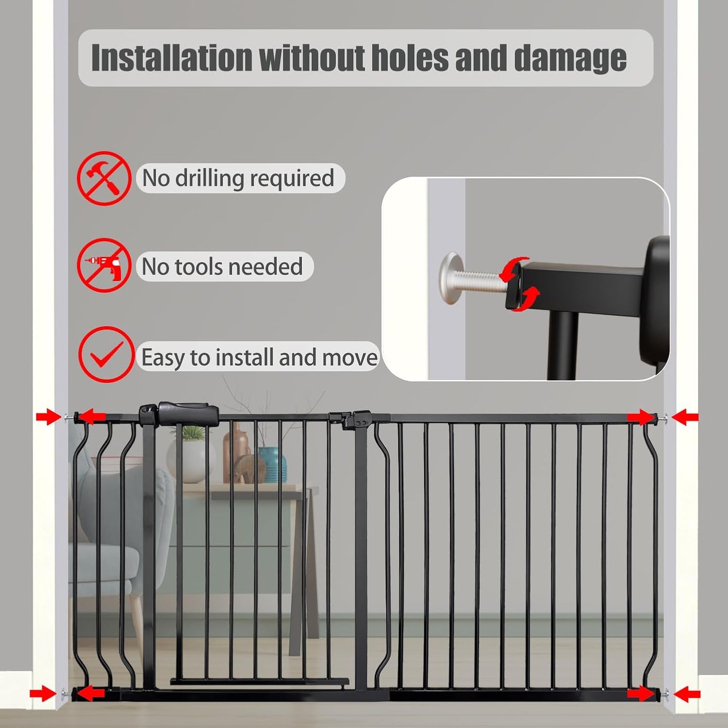 Extra Wide Baby Gate, 52.7-57.5 Inch, Large Walk Through, Black Metal, Pressure Mounted, Long Safety Dog Gate for House Doorways & Stairs