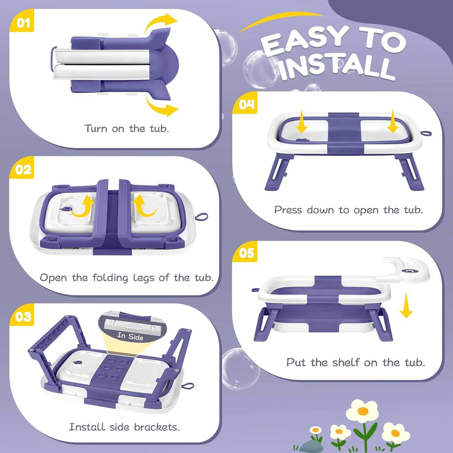 Collapsible Baby Bathtub,Baby Bath Tub with Thermometer & Soft Cushion,Baby Bathtub for Newborn to Toddler 0-36 Months,Portable Travel Baby Tub with No-Slip Feet,Baby Shower Gifts,Lavender