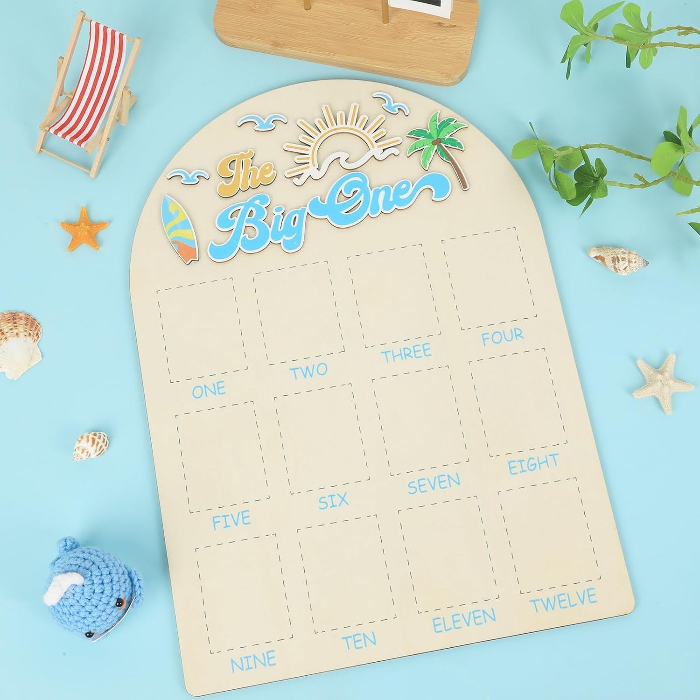 The Big One Photo Board Surf Birthday Party Wooden Board Decorations 12 Monthly Milestone Picture Frame One Year Old Wood Sign 1st Birthday Photo Banner for Baby Keepsake Gift Summer Beach Supplies