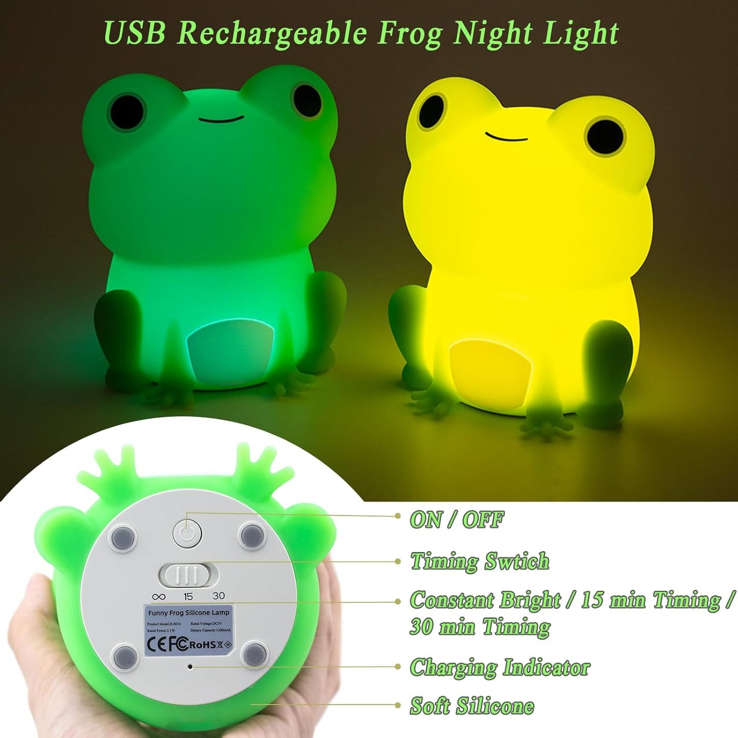Night Light for Kids, Cute Frog Night Lamp Bedroom Nightlight for Girls Boys Teens, USB Rechargeable Silicone Animal Nightlight Christmas Birthday Gifts, Room Decor