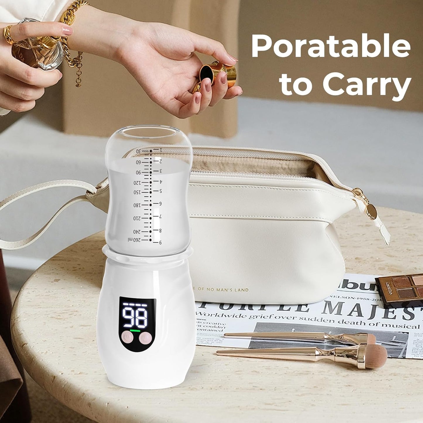 Portable Cordless Baby Bottle Warmer for Travel, Rechargeable with 8 Adapters & 1 Milk Powder Container, Safe Material, Fast Heating, Compatible with Major Brands,White