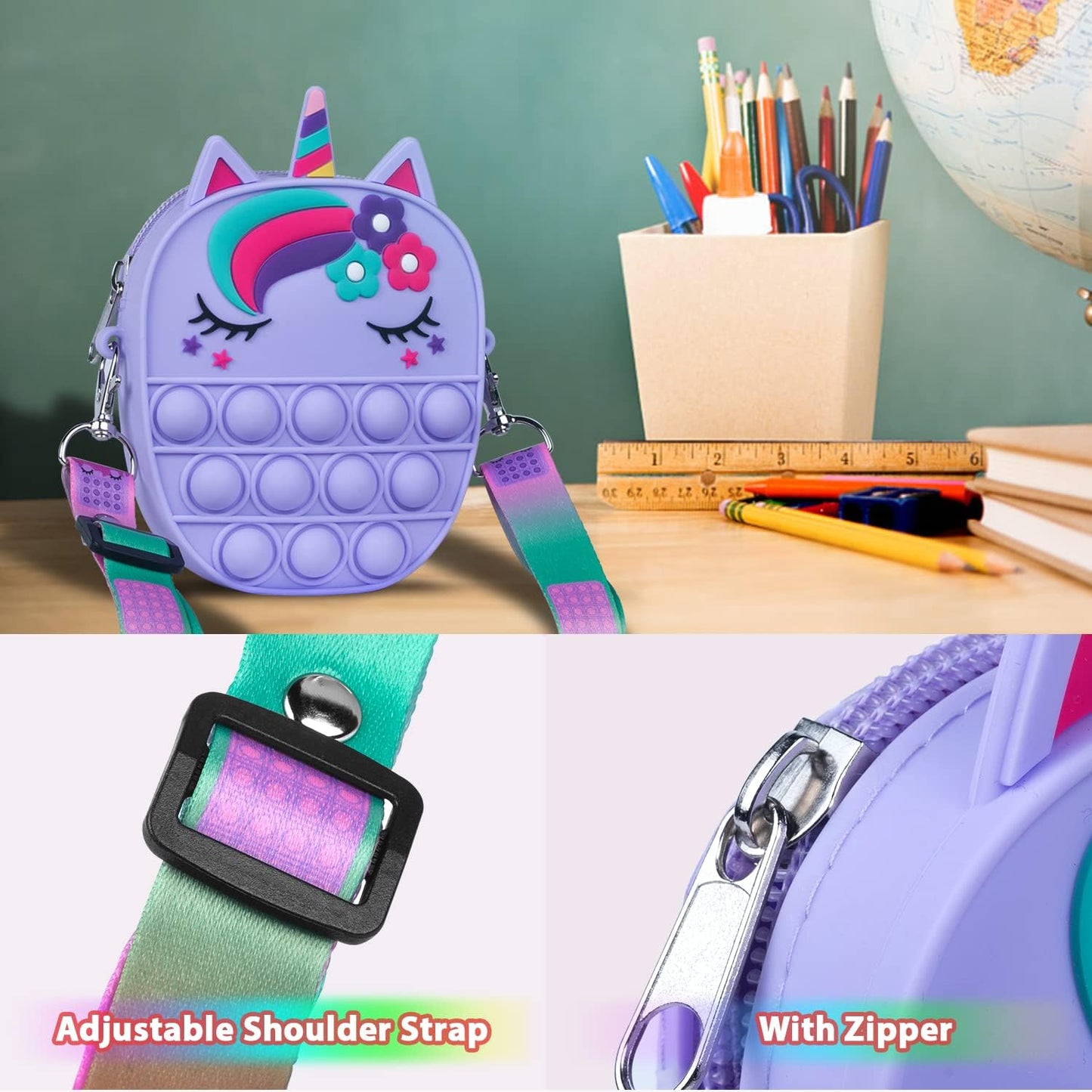 Pop Bag it, Fidget Bag, Pop Purse for Girl and Women Pop Bag with Unicorn Pop Toy, Anti Stress Silicone Poppet Bag Fidget Shoulder Bag, Best Gifts