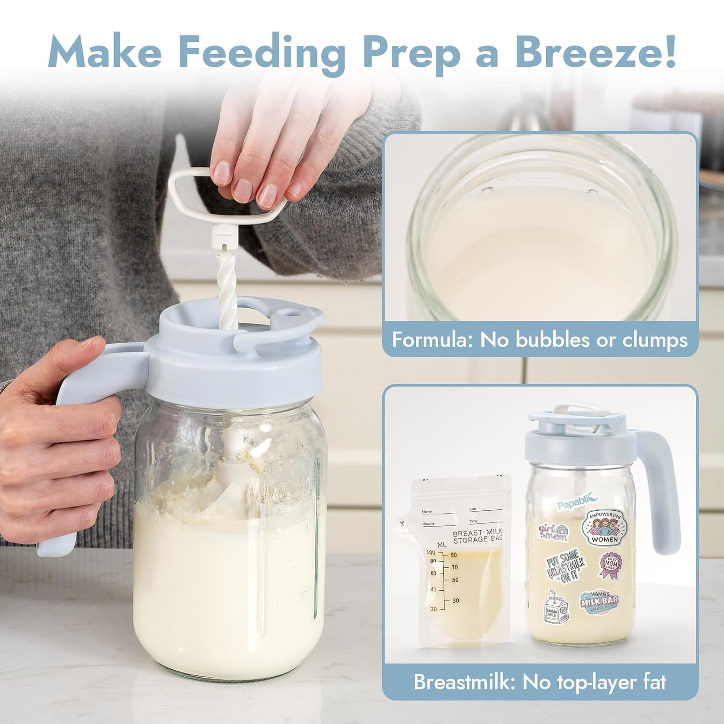 Papablic Glass Breastmilk Pitcher, Formula Mixing Pitcher with Mixing Handle Lid, Wide Mouth Mason Jar Mixer with Flip Locking Spout, Easy to Clean, BPA Free, Blue