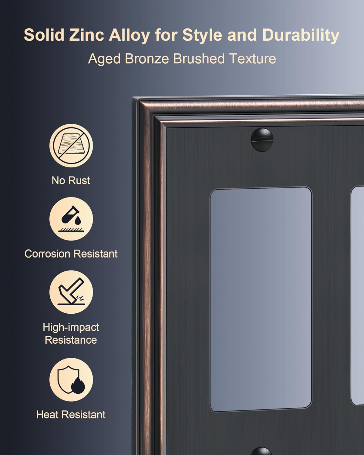 2-Pack Decorative Double Decorator Outlet Cover Plate, Durable Zinc Alloy Aged Bronze Wall Plates for Electrical Outlets, Receptacle, GFCI Outlet, Dimmer Switch, 2-Gang, Corrosion Resistant