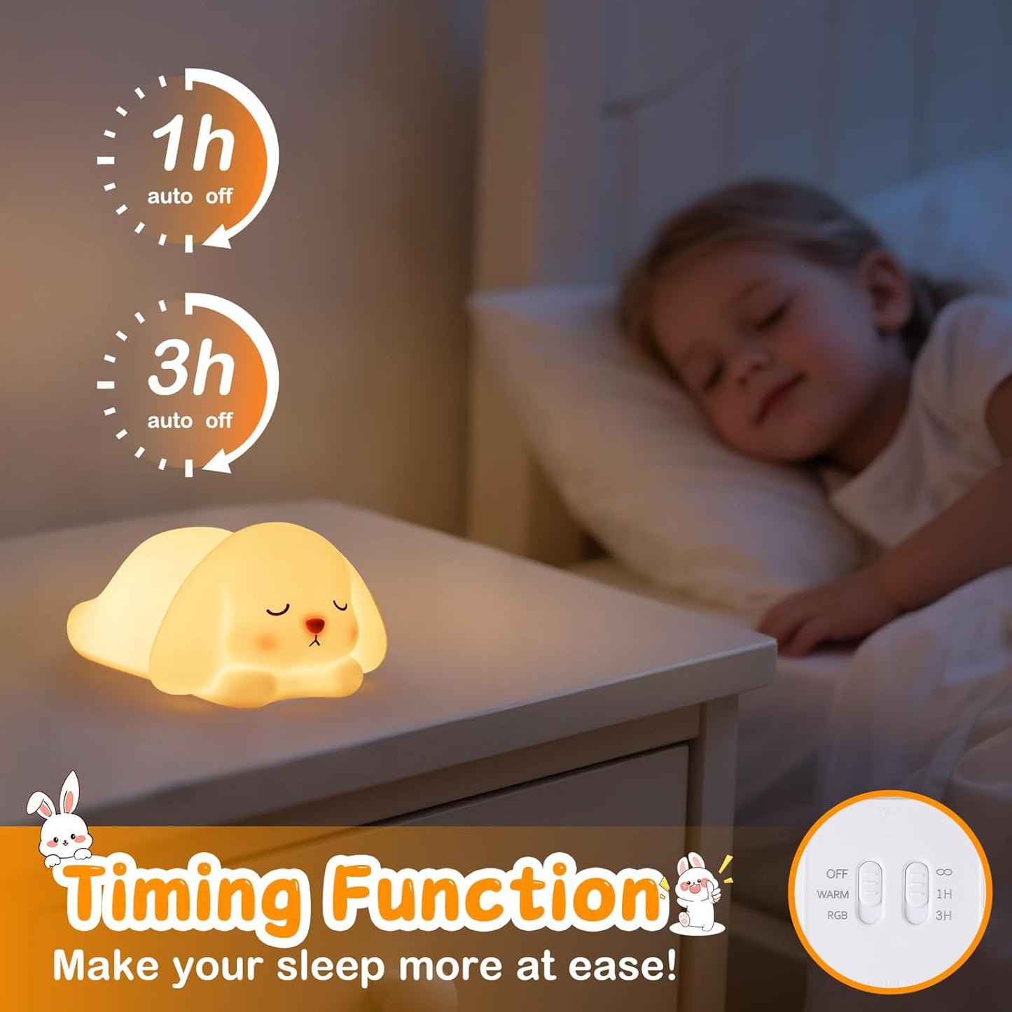 Tremdwoto Bunny Night Light for Kids - 16 Color Changing, Rechargeable Dimmable Nursery Lamp with 1/3 H Timer, Cute Animal Night Light for Baby Boys Girls, Kawaii Room Decor Gift