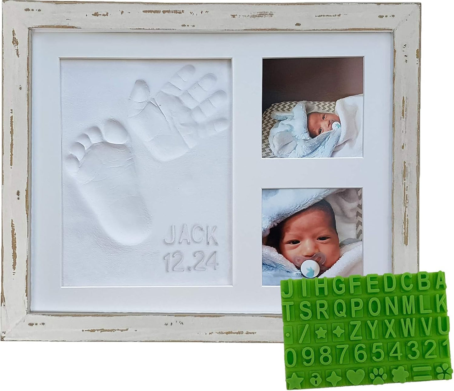 Baby Mushroom Farmhouse Baby Hand & Footprint Picture Frame Keepsake Kit - Rustic 9" x 11" Distressed Wood Frame, Clay, & Stencil for Newborns, New Mom, Registry Gift