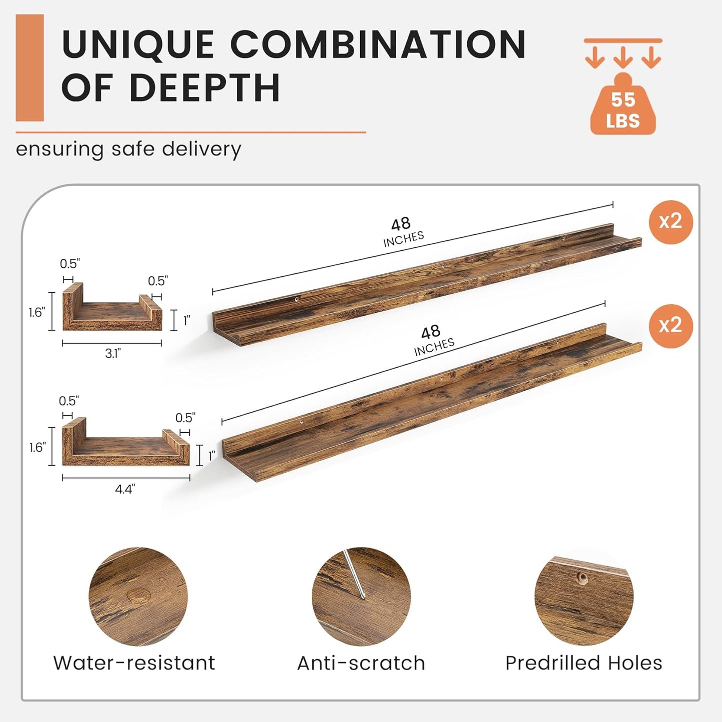 Floating Picture Ledge Shelves for Wall Set of 4, 48 Inch Wall Shelves with Lip Long Large Nursery Book Shelf for Toys Storage Kids Bookshelf Wall Mounted Living Room Bedroom Decor Frames