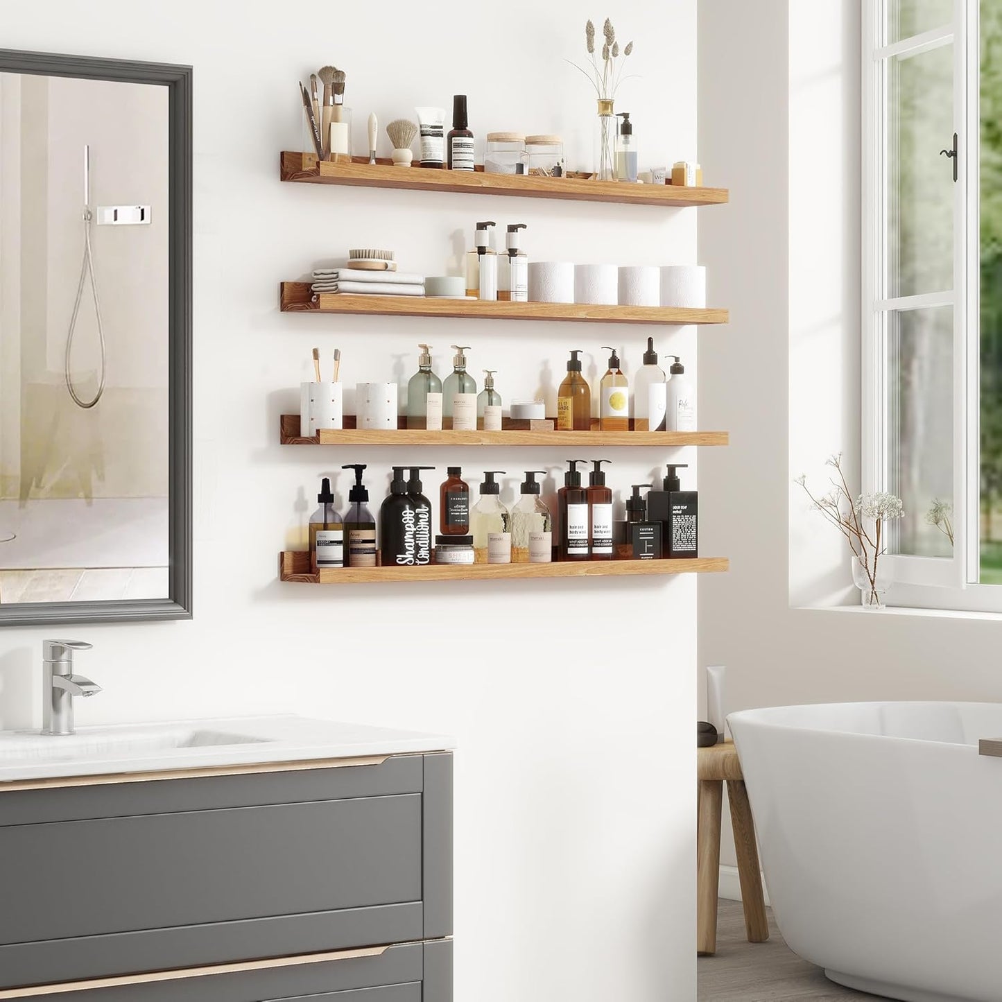 Fun Memories Picture Ledge Shelf, 36 Inch Floating Shelves for Wall, Nursery Bookshelf for Storage, Rustic Elm Wood Photo Ledge Shelves for Bedroom, Living Room, Kitchen (Natural, 36in Set of 2)