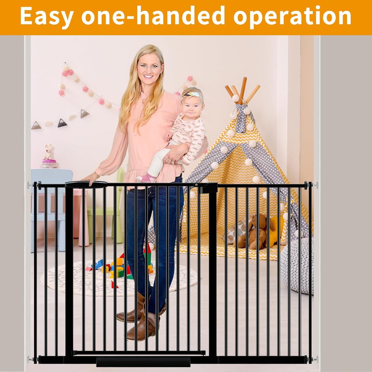 Extra Wide Baby Gate 30.11-77.36",Ultra Narrow 1.37" Spacing Dog Gate indoor,Double Lock Auto Close Pet Gate for House,Pressure Mounted Baby Gate Easy Walk Through Pet Gate for Hallway(Black)