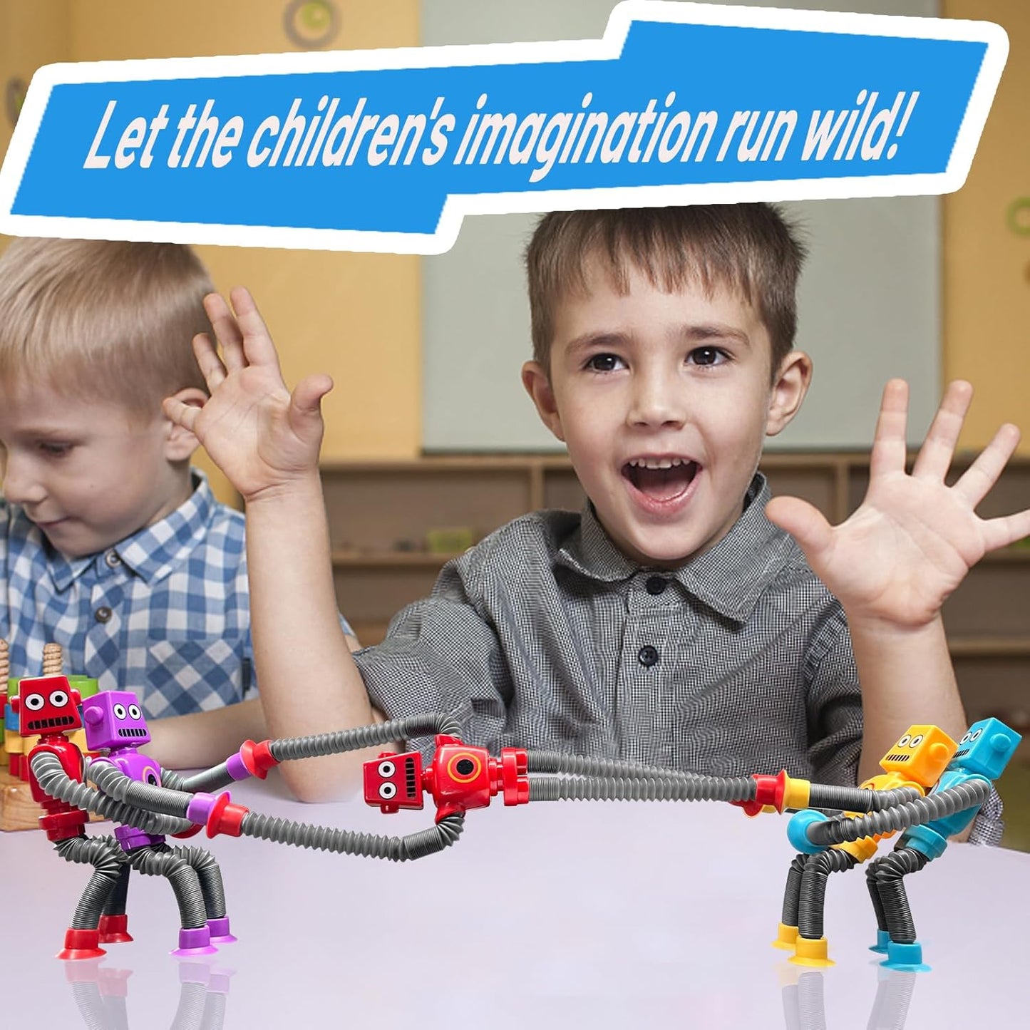 8PCS Pop Tubes Suction Cup Robot Toys Robot Pop Tubes Fidget Tubes Sensory Toys Pack Shape Changing Telescopic Tube Imaginative Play Stimulating Creative Learning Fidget Toys for Girls Boys