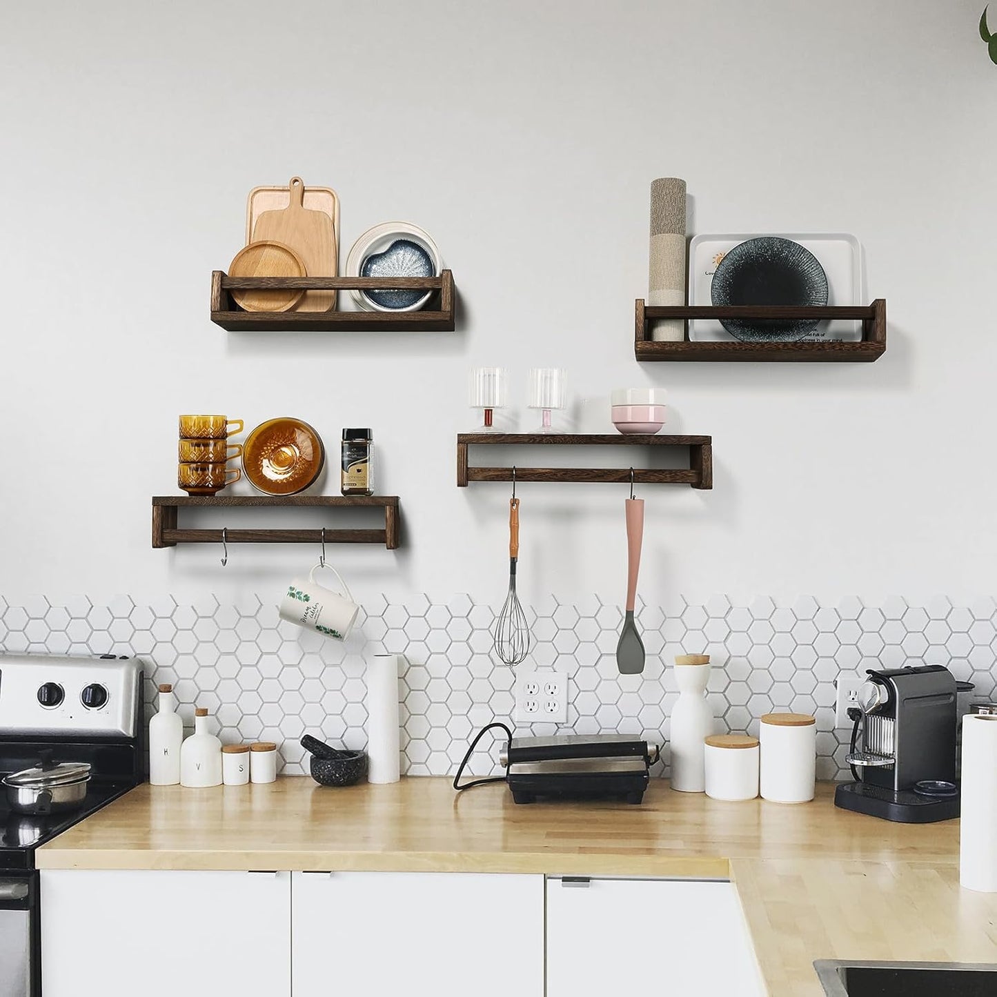 Nursery Room Shelves Set of 4, Wood Floating Book Shelves for Kids Room, Baby Book Shelf for Nursery, Kitchen Spice Rack (Carbonized Brown)