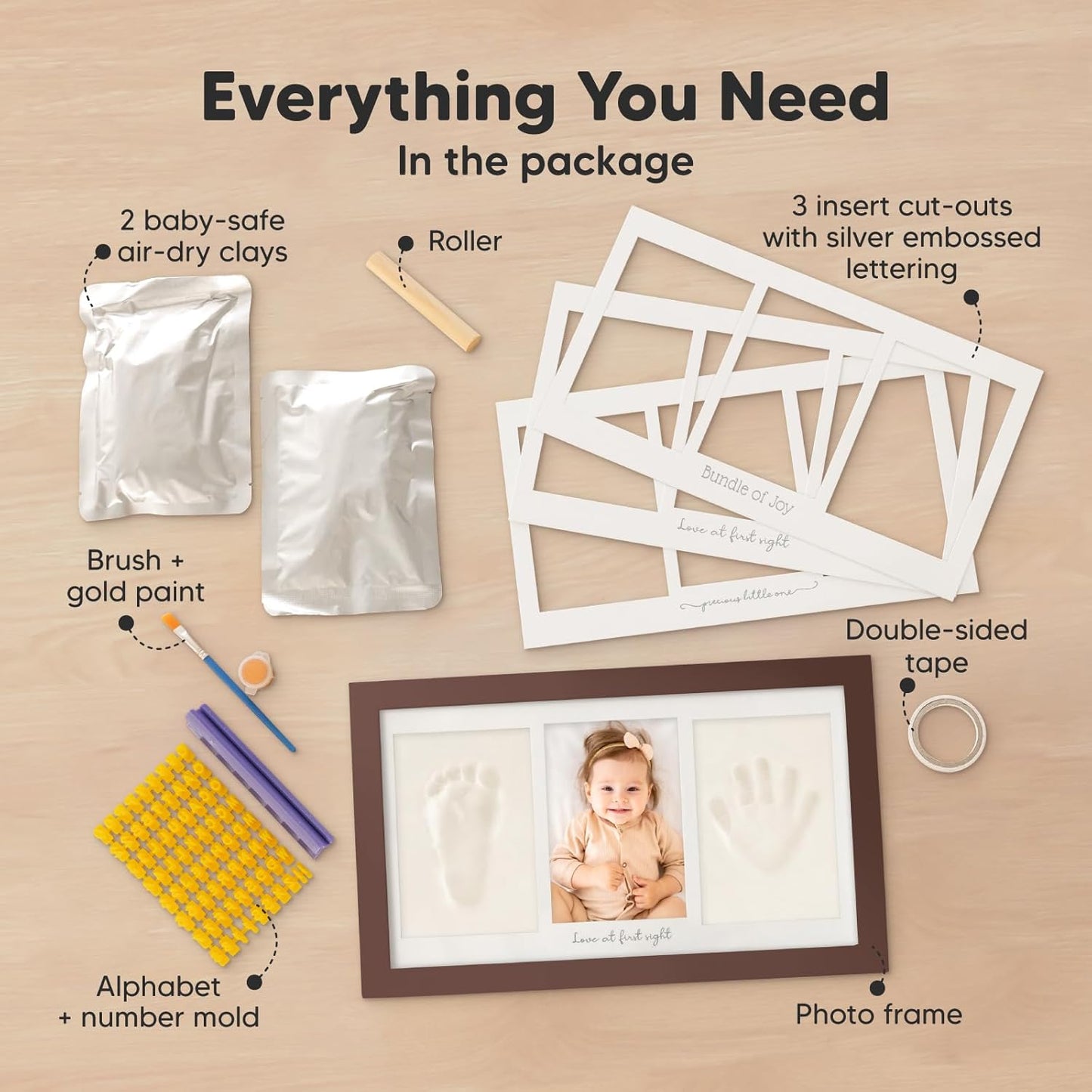 Baby Hand and Footprint Kit - Clay Handprint Keepsake Frame, Newborn Nursery Picture Frame, Personalized New Mom Gifts for Baby Shower & Registry (Cedar)