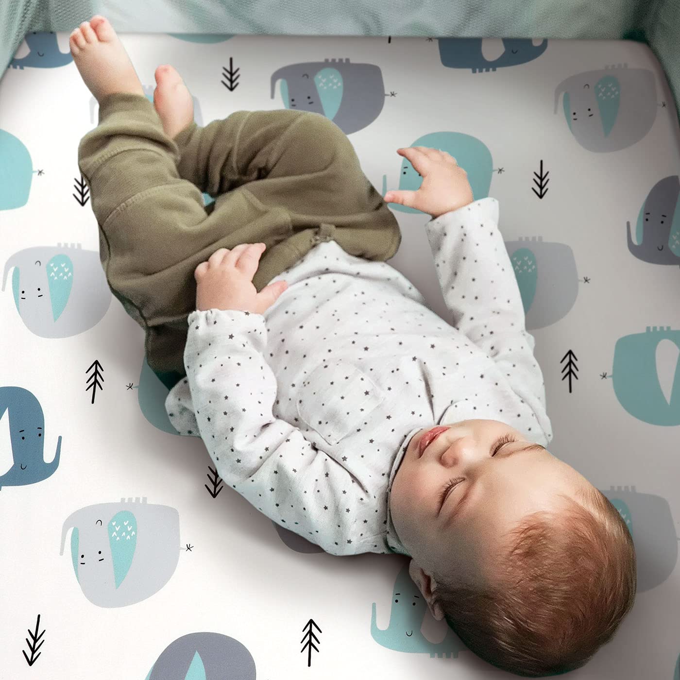 GRSSDER Stretchy Ultra Soft Jersey Knit Fitted Pack n Play Sheets Set 2 Pack, Portable/Mini Cribs Playards Sheets with Deep Pocket, Cute Elephant for Girls and Boys