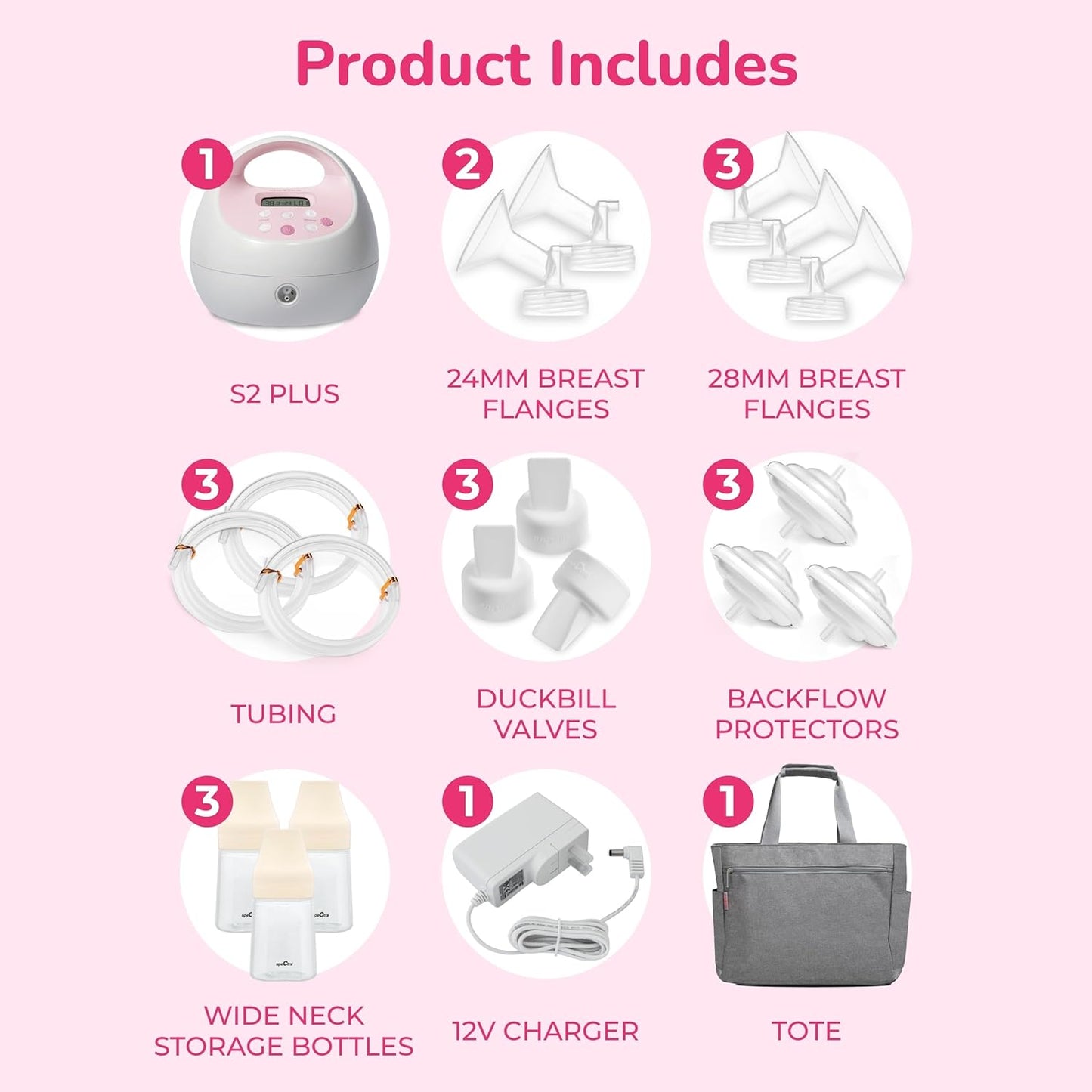 Spectra Baby S2 Plus Premier Electric Breast Pump with Grey Tote Premium Accessory Kit - 28 mm