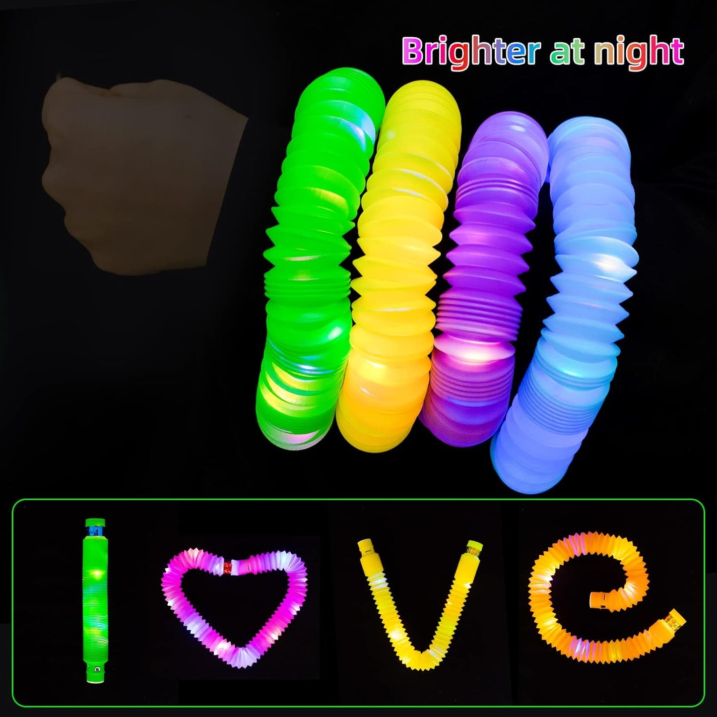 Light Up Pop Fidget Tubes: Glow Sensory Tube Stretch Toys for Kids Party Favors - Mini Plastic Pull Tubes Bulk with LED Lights Glowing Stick in the Dark (12 Pcs)