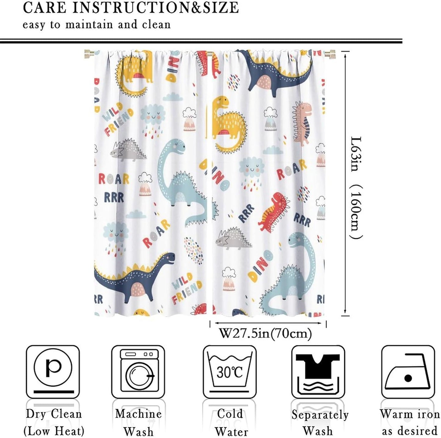 Cartoon Dinosaur Curtains for Kids Boys Girls Home Decor Colorful Cute Dino Animals Print Pattern Rod Pocket Blackout Window Drapes for Nursery Baby Bedroom Playroom W27.5xL63in 2 Panels