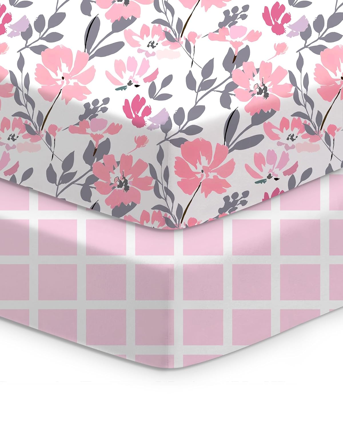 Baby Crib Sheets Boy Girl for Standard Crib Mattress - Flower&Pink Checkered Crib Sheet, Soft Jersey Knit, Breathable and Cozy, Fits 28''x52''x9'' Extra Deep Pocket