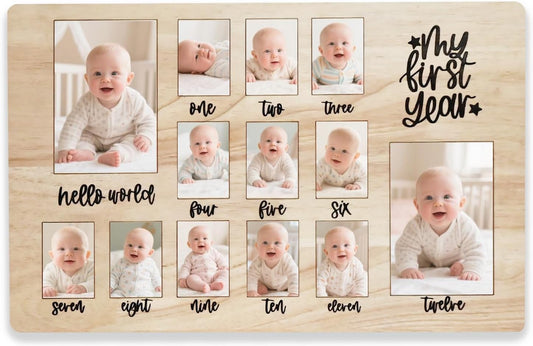CHONIC My First Year Photo Board, 1st Birthday Gifts for Boy or Girls, 12 Month Pictures Frame for Baby First Year, One Year Birthday Decorations Milestone Sign, Wooden Baby Keepsake Gifts