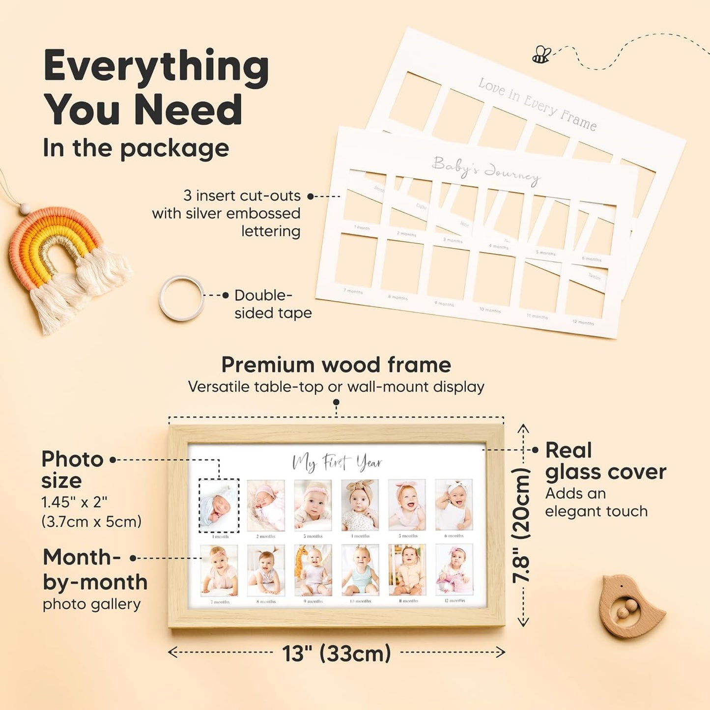 My First Year Photo Frame, 12 Months Baby Picture Frame for Newborn Girl,Boy - Baby Shower Gifts Keepsakes,Monthly Baby's One Year Birthday Milestone,1st Nursery Photo Collage Display Board (Ash Wood)