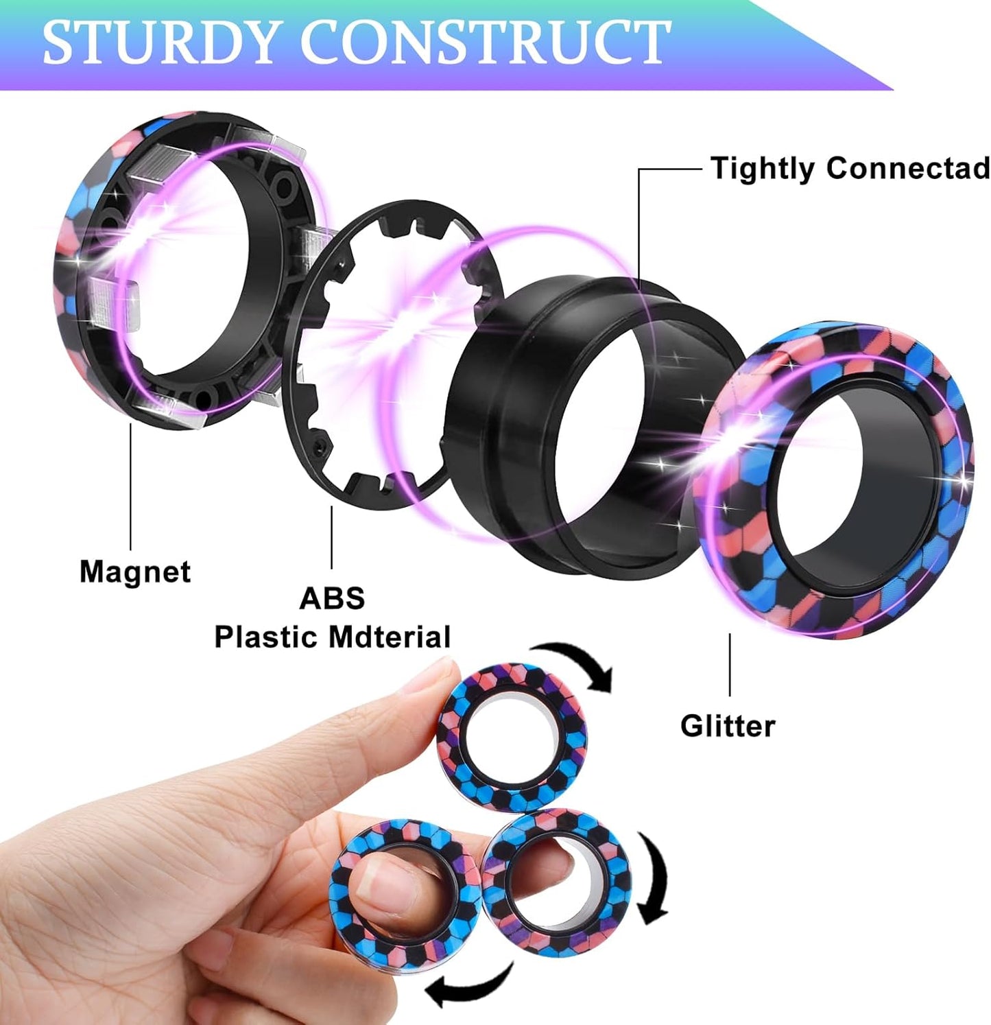 Cevioce 9Pcs Magnetic Rings Fidget Toy Set, ADHD Anxiety Magnetic Fidget Toys Adults Fidget Spinner Rings for Relief, Gifts for 8+ Year Old Teen Boy Girl B