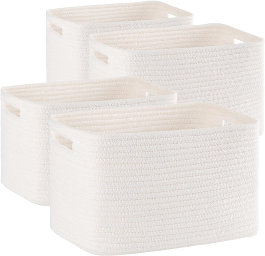 4 Pack Storage Baskets for Organizing, Woven Baskets for Shelves - Perfect for Toys, Books, Towels, and Clothes, Durable Gift Basket Bins Toy Storage, 12.7''L x9''W x7.8''H, White