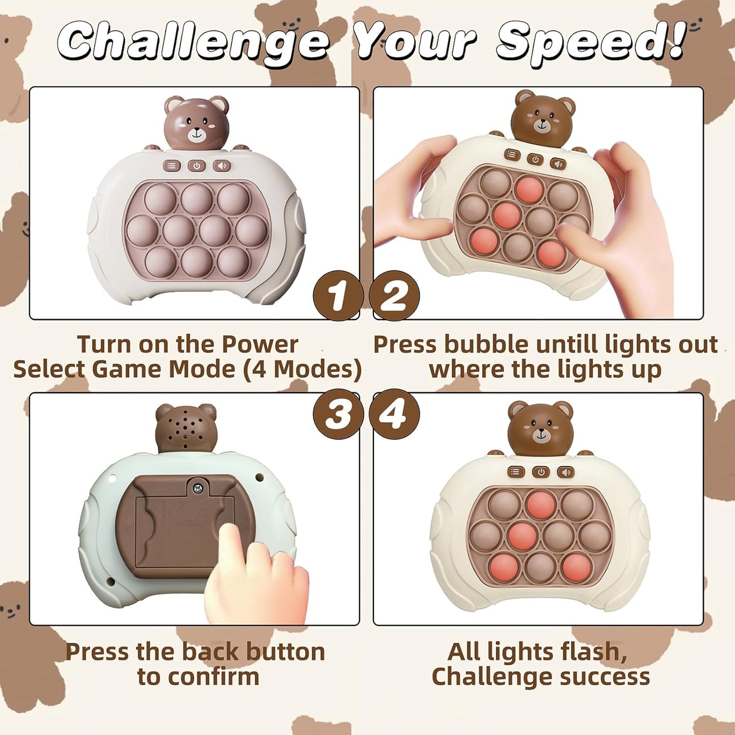 Quick Push Bubble Game Machine, Pop Game Puzzle Educational Console, Light Up Handheld Squeeze ADHD Stress Relief Fidget Toys for 3+ Boys Girls Kids Adults Birthday Christmas 4 Modes, Bear Animal