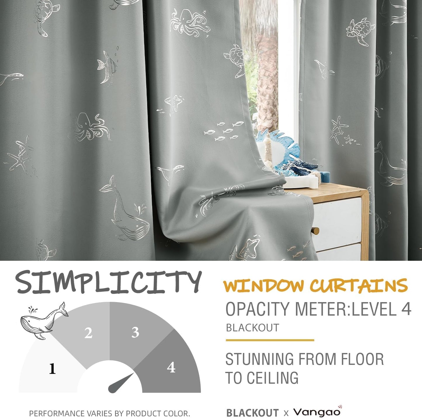 Vangao Kids Curtains for Boys Bedroom Kids Blackout Curtains 84 Inch Length Ocean Aquarium Nursery Drapes for Girls Bedroom Silver Sea Animals Print Thermal Insulated Drapes, Grey 2 Panels