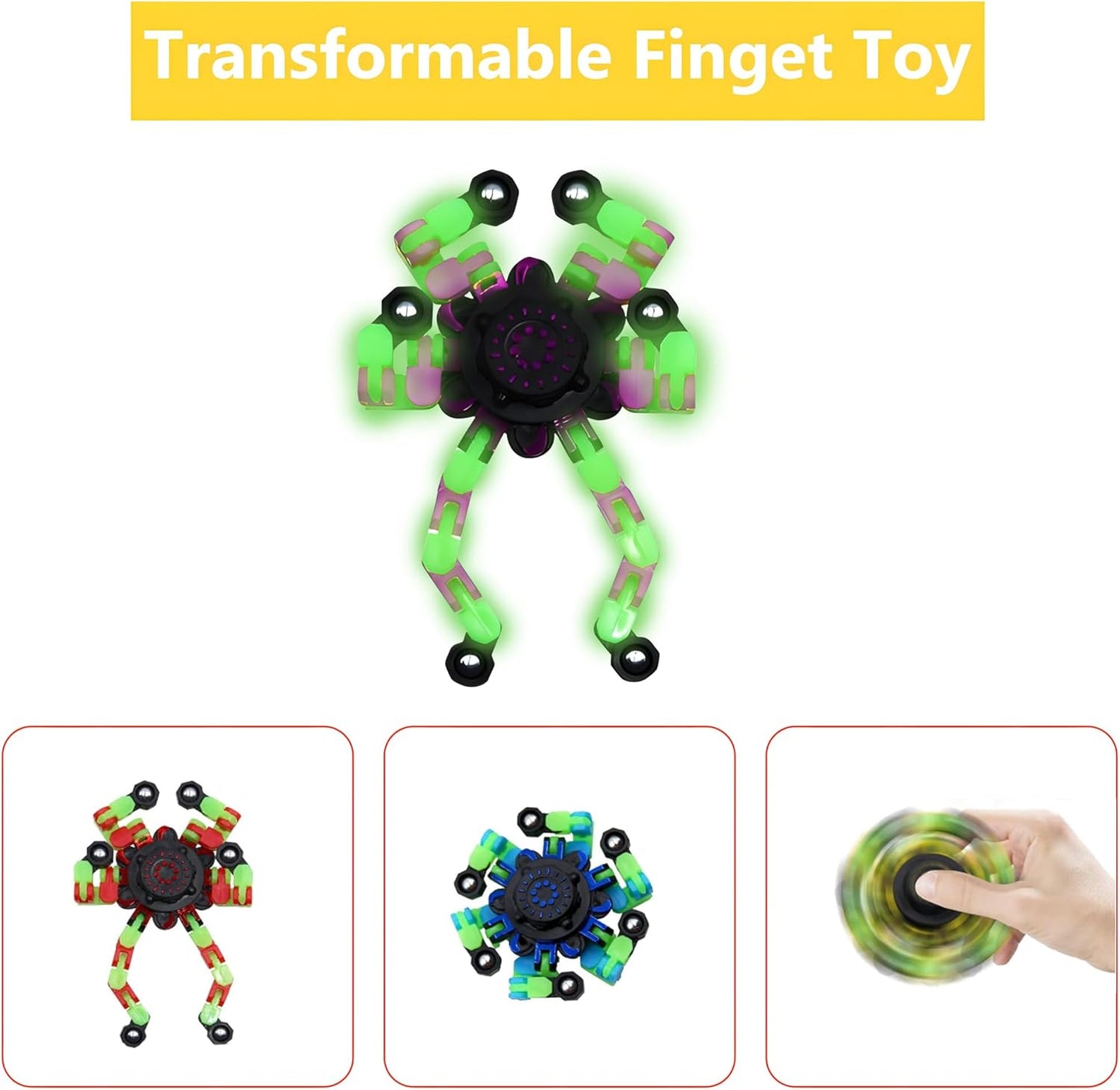 Fidget Spinners, DIY Transformable Chain Robot Finger Spinner, Glow in The Dark Deformable Creative Mechanical Gyro Toy Stress Relief Toy Fidget Fingertip Toy for Kids and Adults (6 Pack)