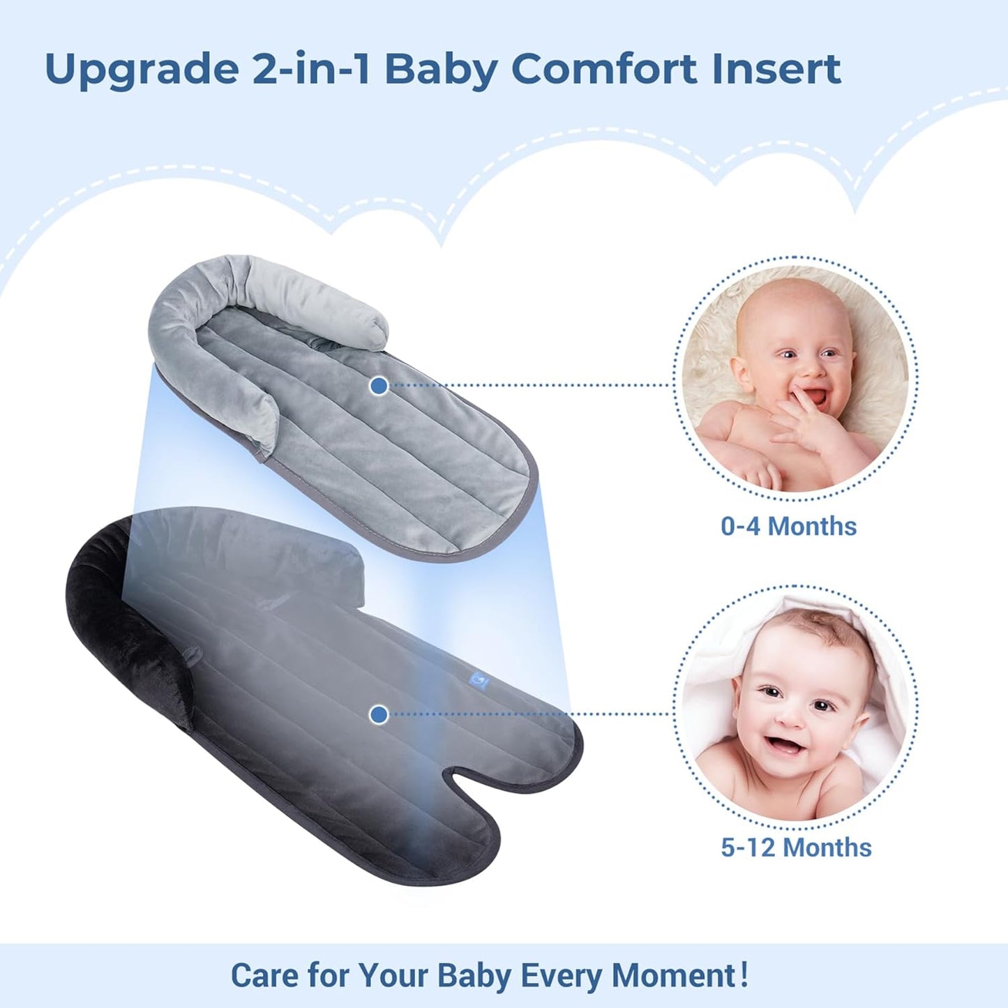 COOLBEBE New 2-in-1 Babybody Supports for Baby Newborn Infants - Extra Soft Stroller Cushion Pads Car Seat Insert, Seasons, Black