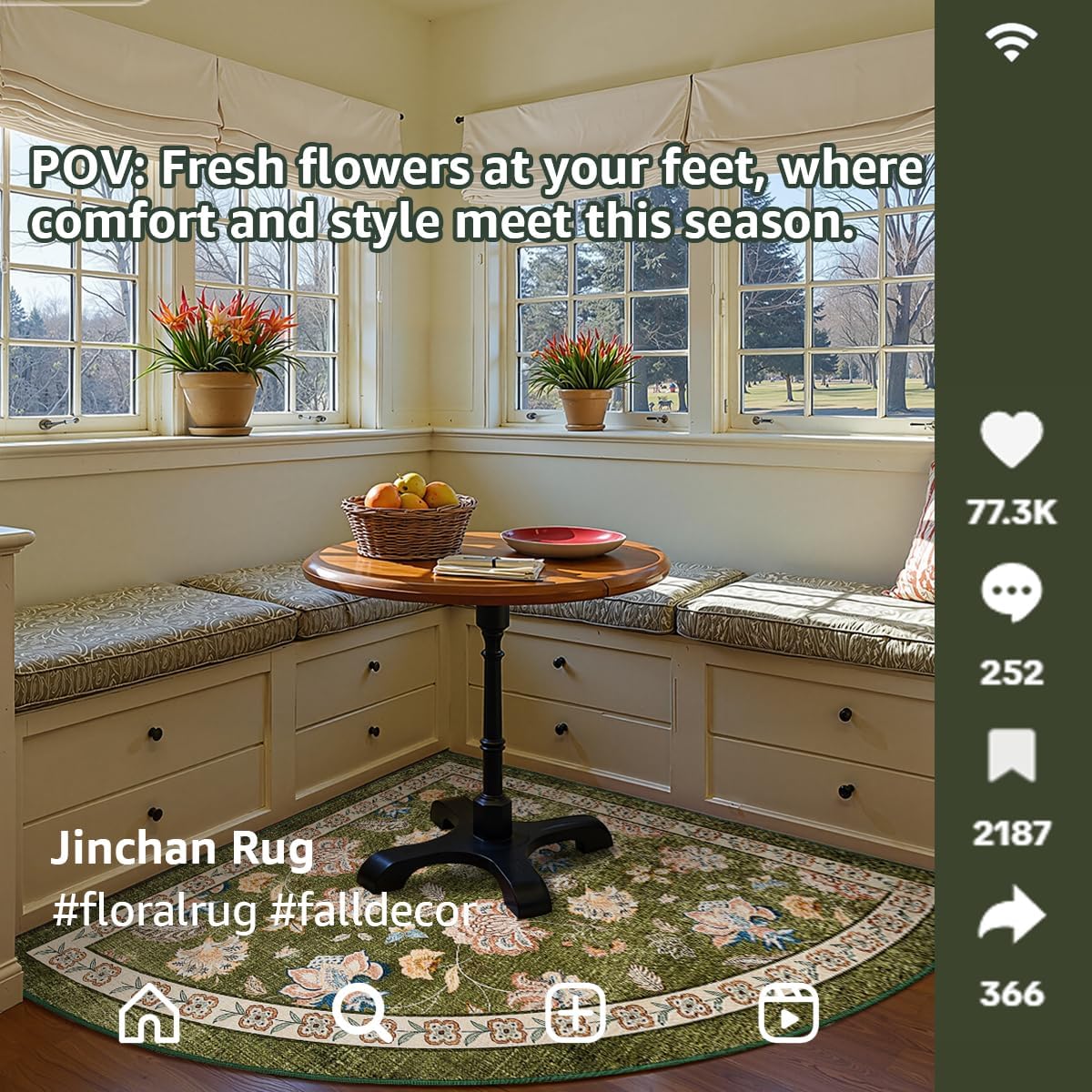 jinchan Floral Corner Rug for Living Room Washable Bedroom Rug Vintage Romance Design Non Slip Quarter Circle Lightweight Low-Pile Throw Carpet for Reading Nook Playroom,7ft Radius, Green