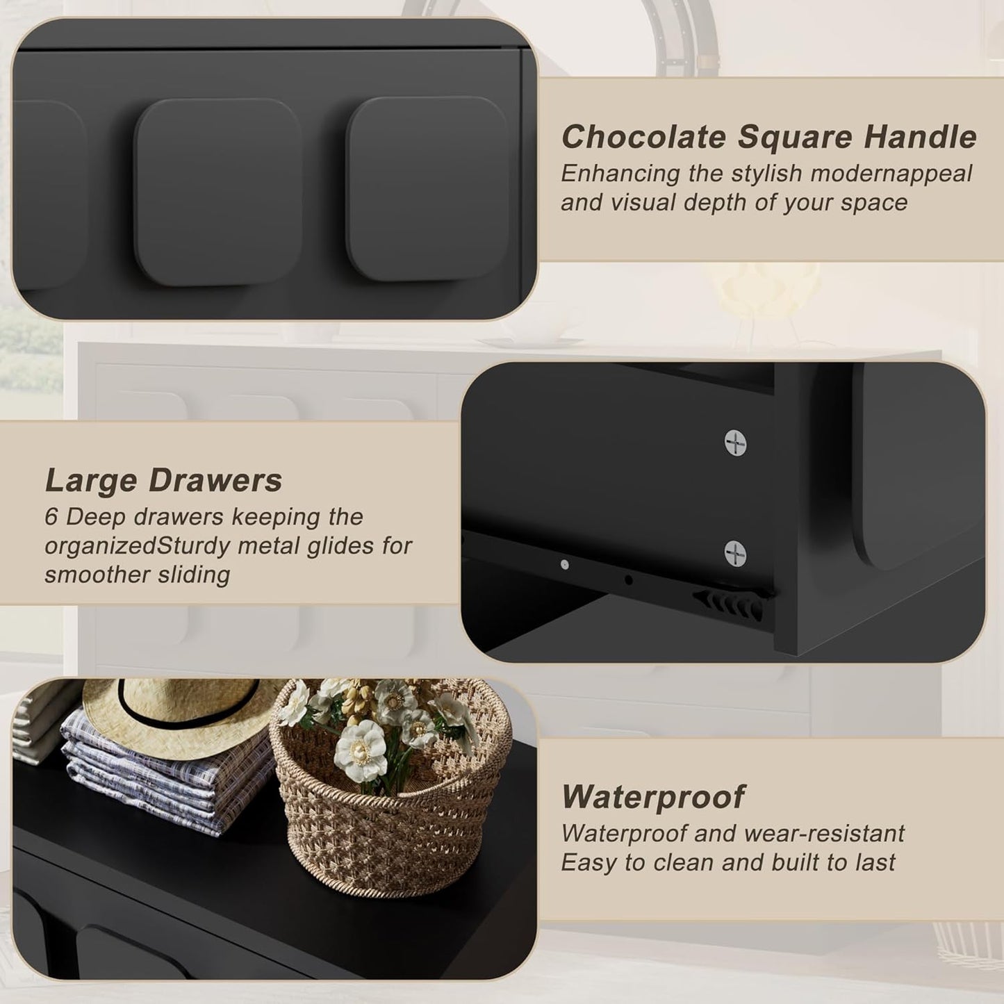 Anbuy Black Baby Dresser for Bedroom, Dresser for Baby with 6 Drawers, Storage and Organization Unit with Square Handles, for Nursery, Kids