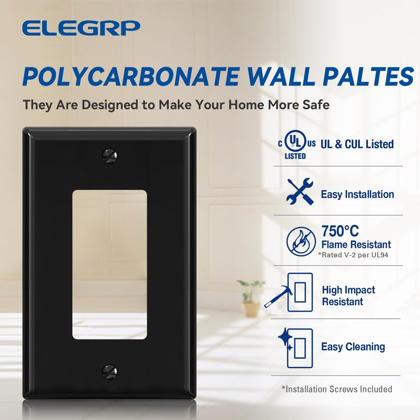 ELEGRP Decorative Receptacle Wall Plate, 1-Gang Mid Size Outlet Decorator Cover, Unbreakable Polycarbonate Dual Port Faceplates Covers, UL Listed, Screws included (5 Pack, Glossy Black)