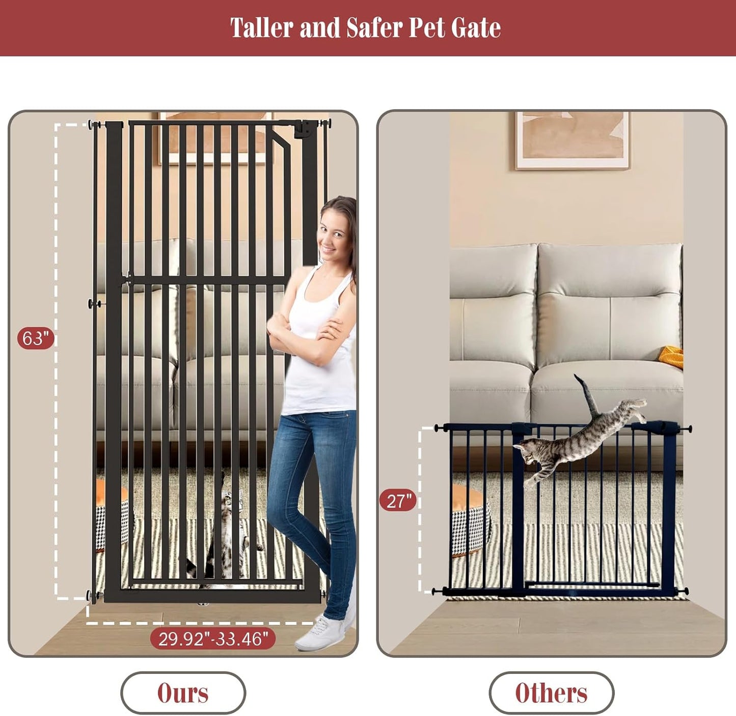 Glaf Extra Tall Pet Gate 63" Pressure Mounted Cat Door Safety Metal Cat Gate Adjustable Width Dog Door Auto-Close Dog Gates for Doorways, Stairs, Kitchen, Hallway (Black, 29.92-33.46")