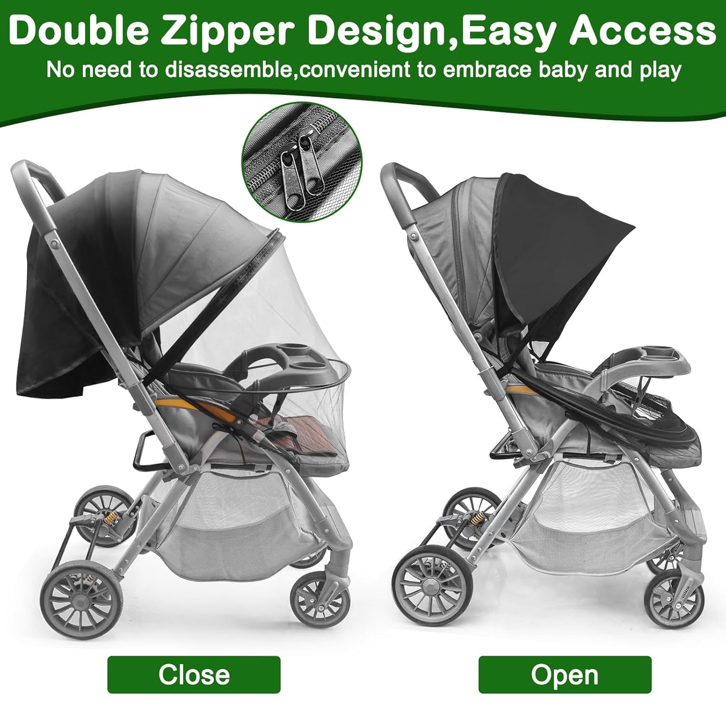 Baby Mosquito Net for Stroller Sun Shade, 2-in-1 Stroller Cover for Sun Protection with Two-Way Zipper and Storage Bag, Breathable Strollers Bug Net Suitable for Bassinet, Cradle, Car Seat – Black