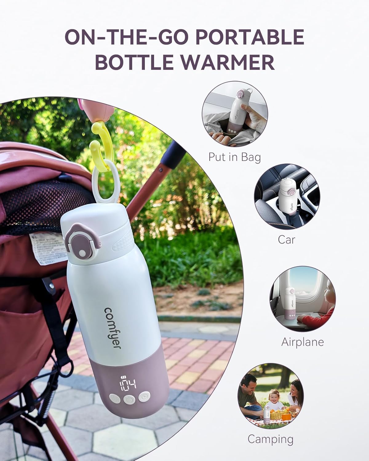 Portable Baby Bottle Warmer for Travel, Portable Milk Warmer with Fast Heating & Long Battery Life, Instant Breast Milk, Formula/Water Warmer with 12 Ounces Big Capacity, Baby Flask for Vehicle