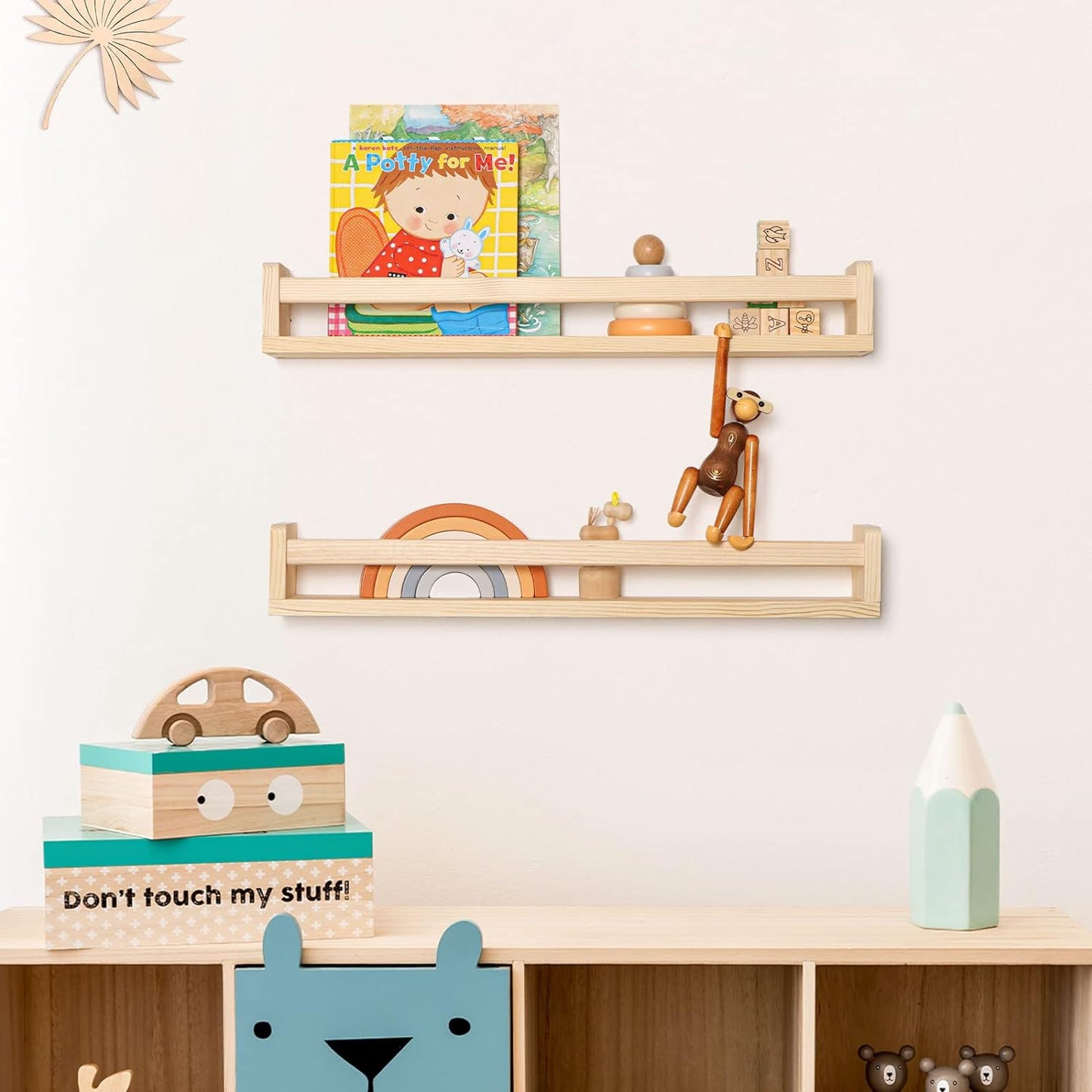 Fun Memories Nursery Book Shelves - Rustic Natural Solid Wood Floating Bookshelf for Kids - Wall Book Shelves for Kids Room (Natural, 24inch - 4P)