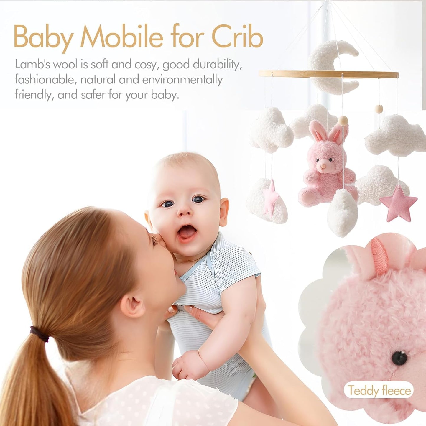 EERKEOD Baby Crib Mobile Bunny Nursery Mobile for Boys Girls Teddy Velvet Mobile Nursery Decor for Infant Bedroom Hanging Baby Mobile for Bassinet Newborn Baby Gift（Pink Bunny）