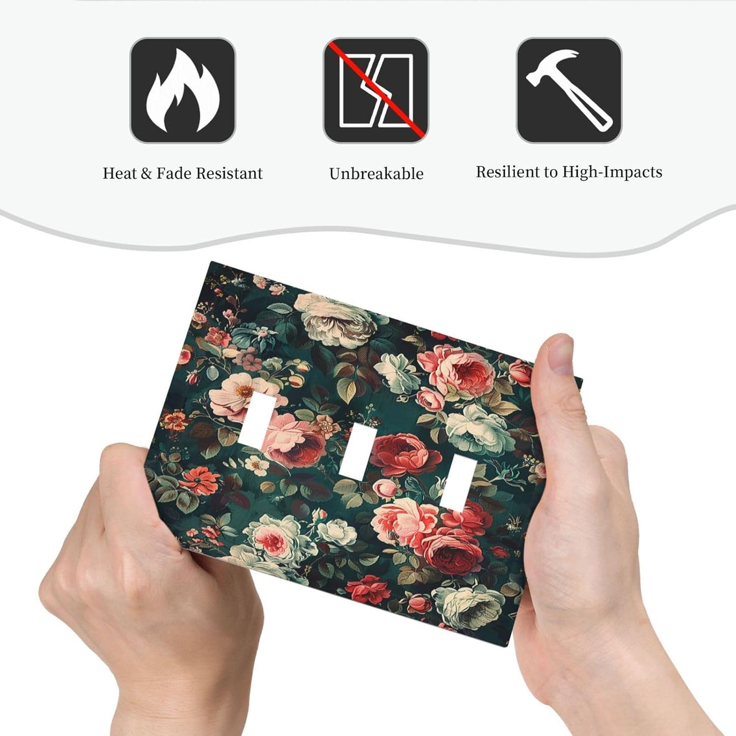 Decorative Switch Plates Baroque Vintage Peony Flower Floral 3 Gang Wall Plate Triple Toggle Light Switch Cover Faceplate Electrical Wall Panels for Bedroom Farmhouse Decor