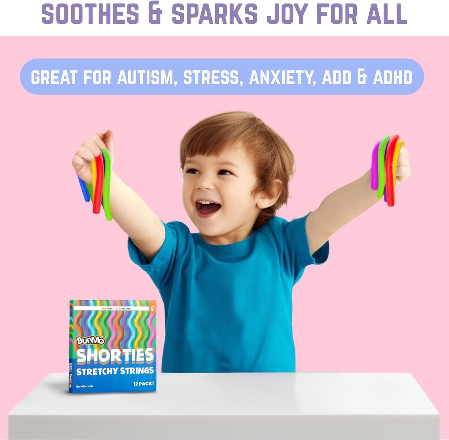 BUNMO Stretchy Strings - Sensory Toys for Toddlers 1-3 - Stimulating & Addictive Sensory Toys for Kids with Autism - Fidget Toy for Anxiety & Stress Relief - Hours of Fun for Kids - Mini Smooth 12pk