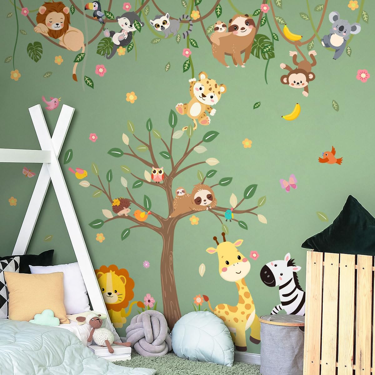 iMagitek Large Jungle Animals Tree Wall Decals Safari Animals Climbing Trees Wall Stickers Elephant Giraffe Lion Sloth Wall Stickers for Baby Nursery Kids Room Playroom Classroom 90.94" x 62.59"